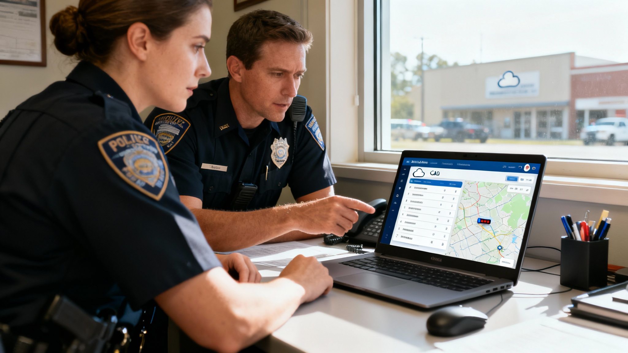 Two police officers reviewing computer aided dispatch software on laptop showing vehicle tracking map