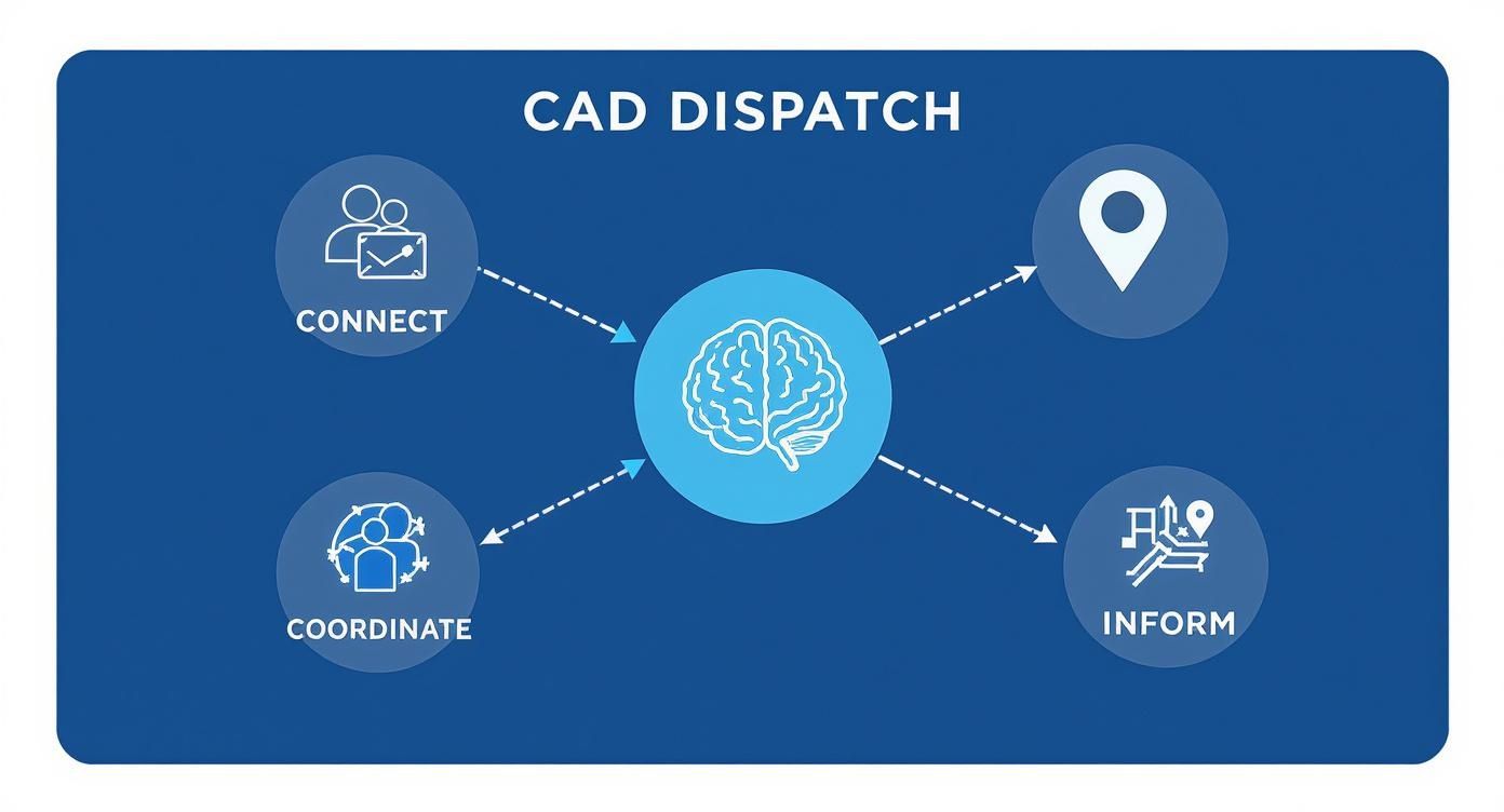 A diagram illustrating a CAD Dispatch system, showing how it connects, coordinates, and informs.