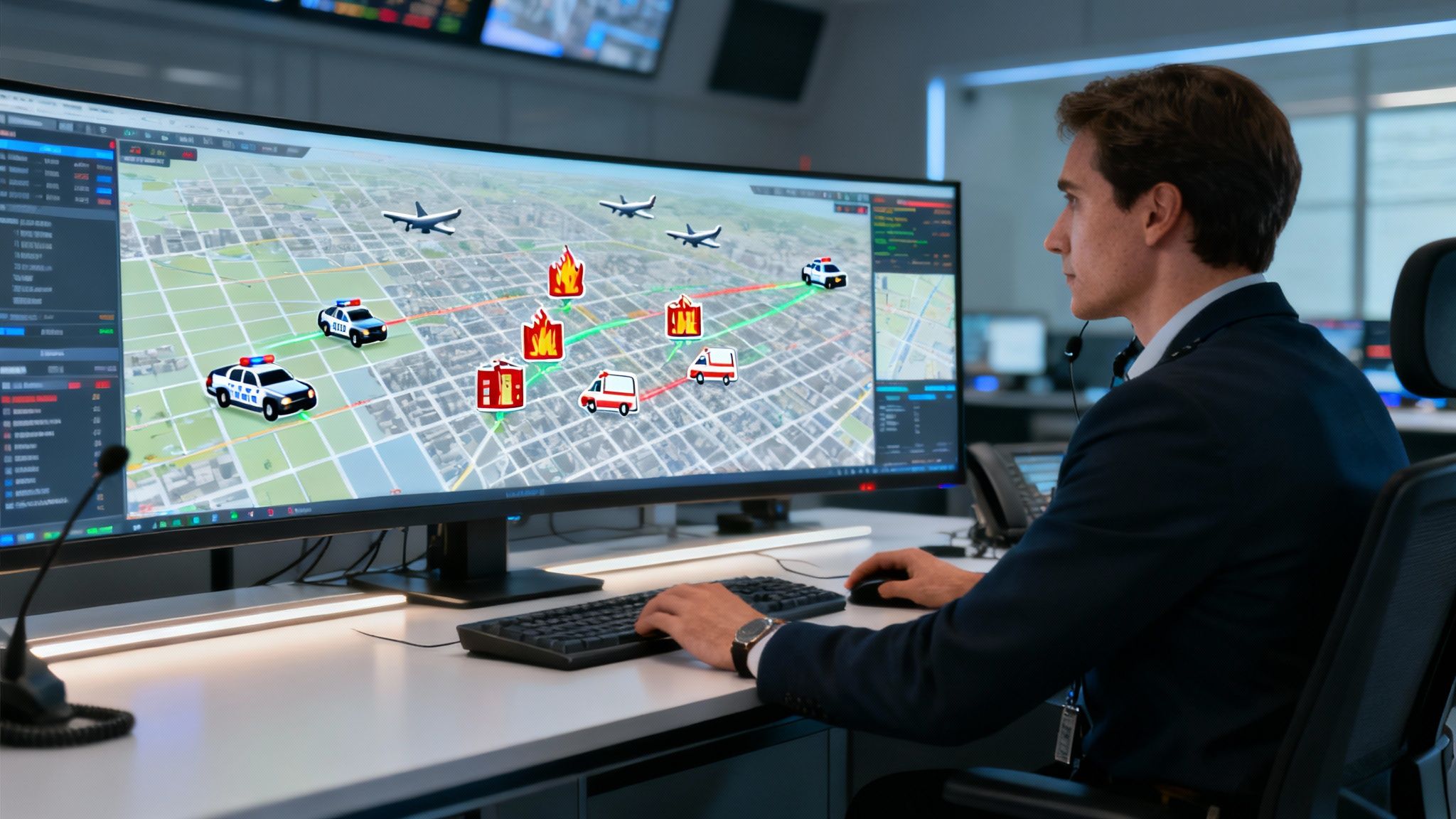 A dispatcher working at a computer aided dispatch system with multiple monitors showing maps and data.