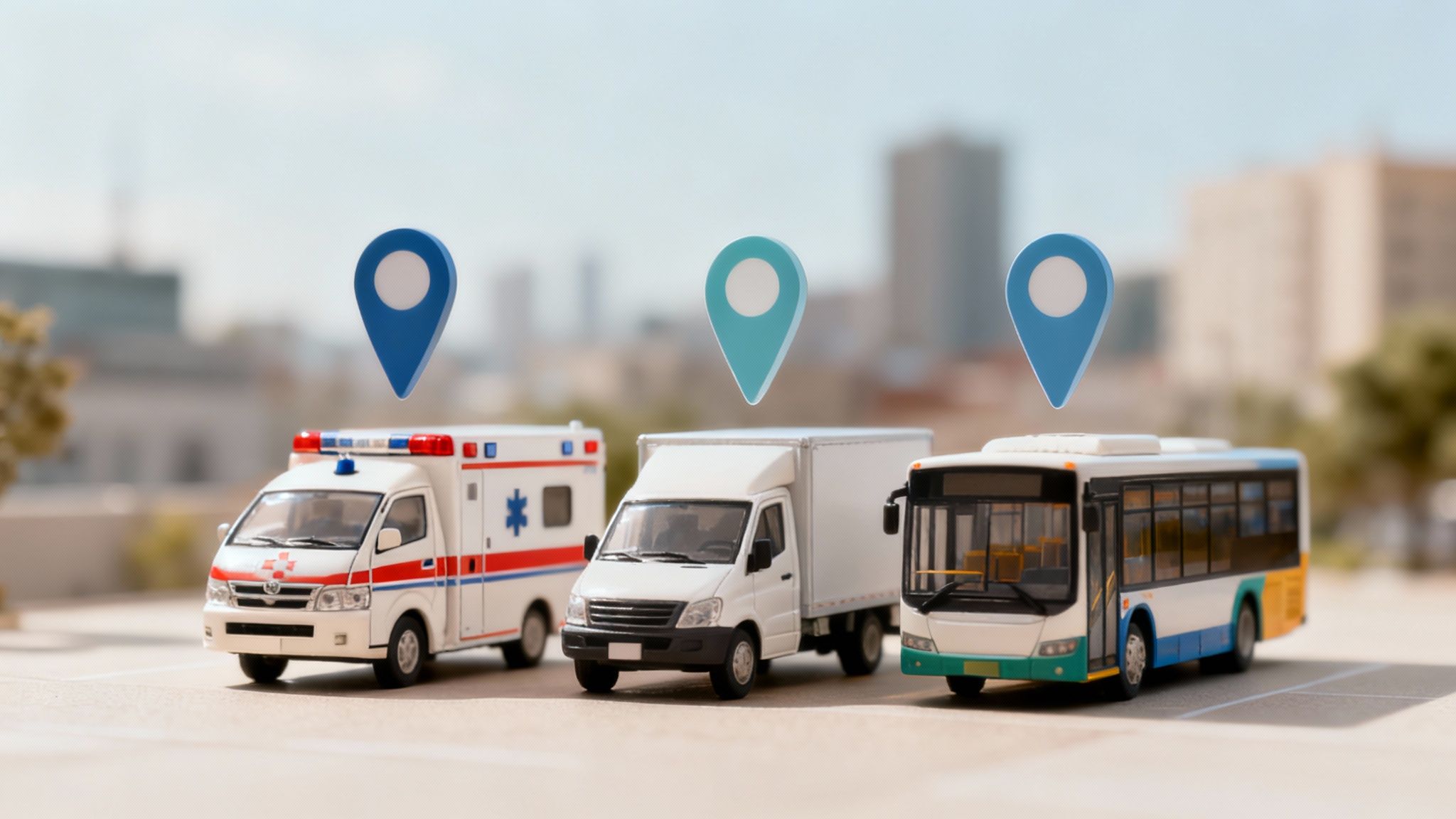 Three toy vehicles with GPS location pins showing automatic vehicle location tracking system concept