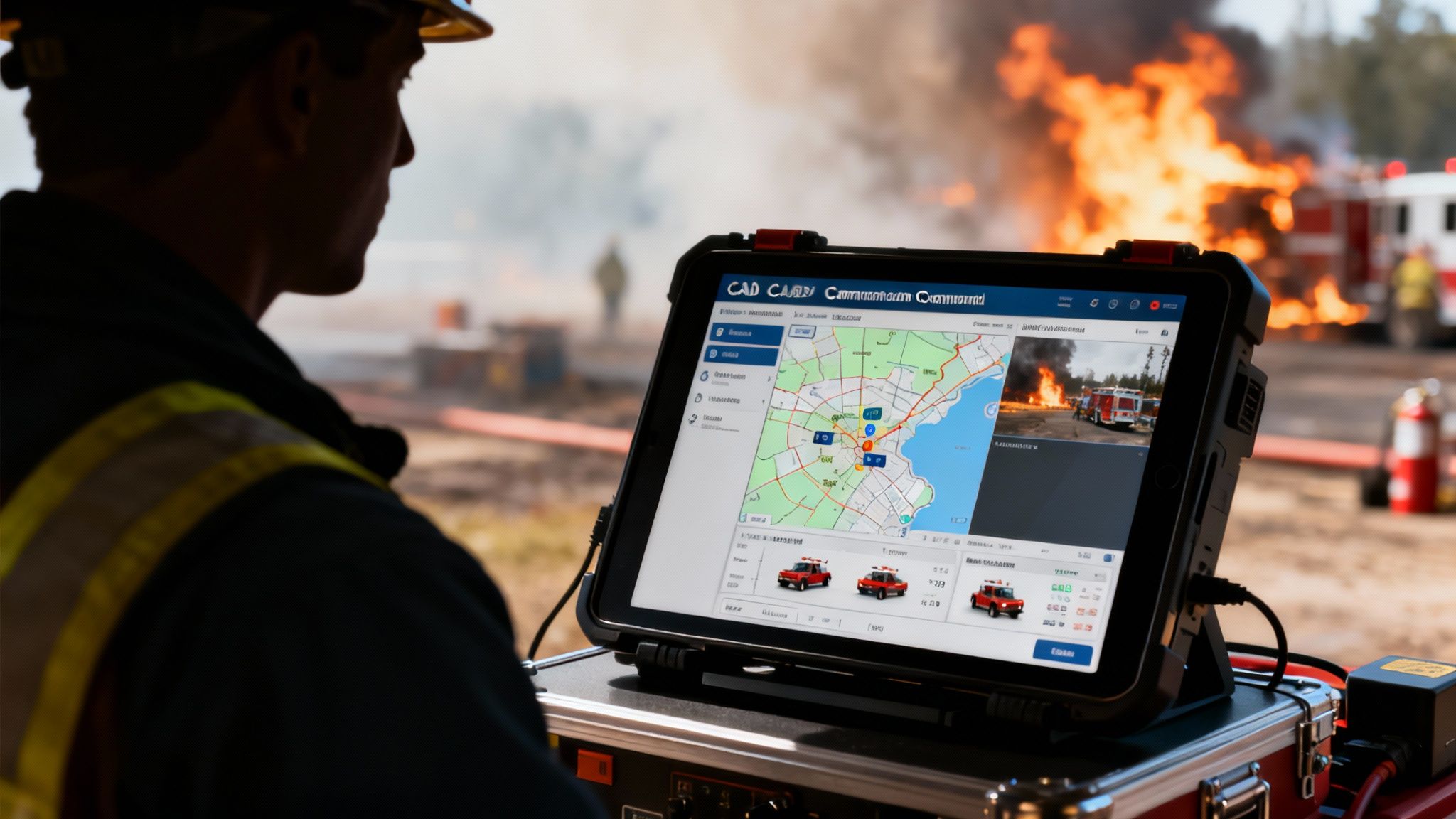 Firefighter monitoring a rugged tablet displaying a map and live fire scene with fire trucks.