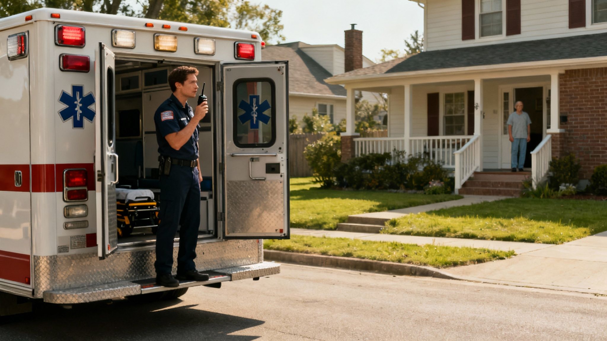 An EMT wearing a mask and gloves, looking alert and focused during a scene size-up.