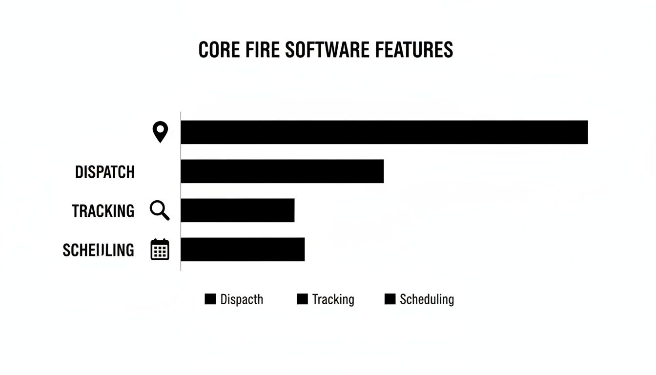 Horizontal bar chart depicting core fire software features: location, dispatch, tracking, and scheduling, with varying bar lengths.