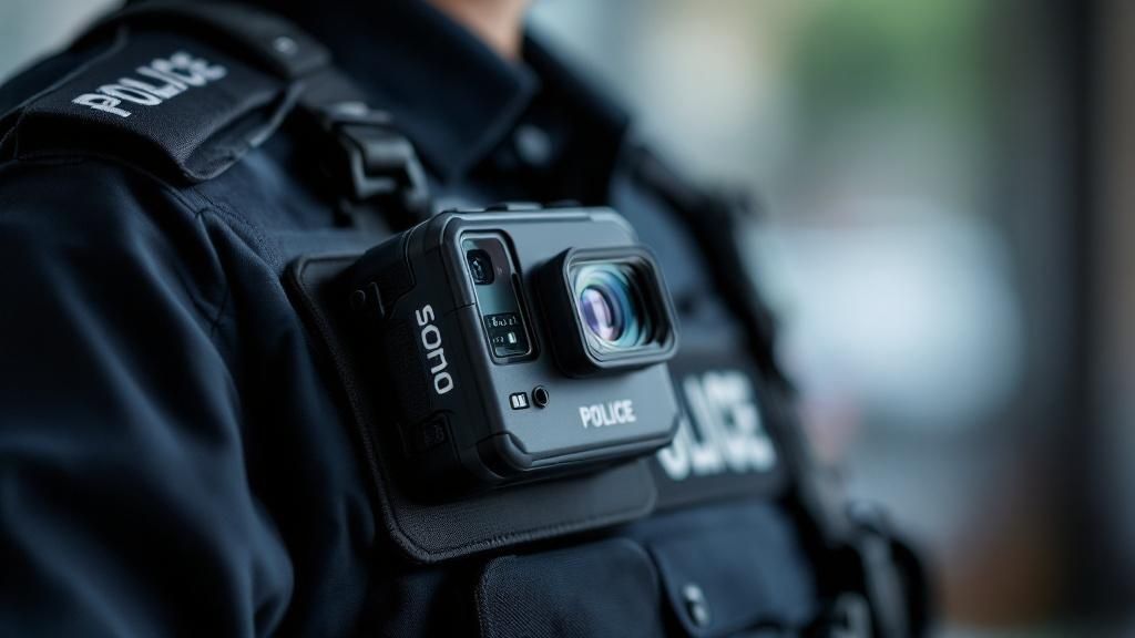 A law enforcement officer wearing a WatchGuard body worn camera on their uniform
