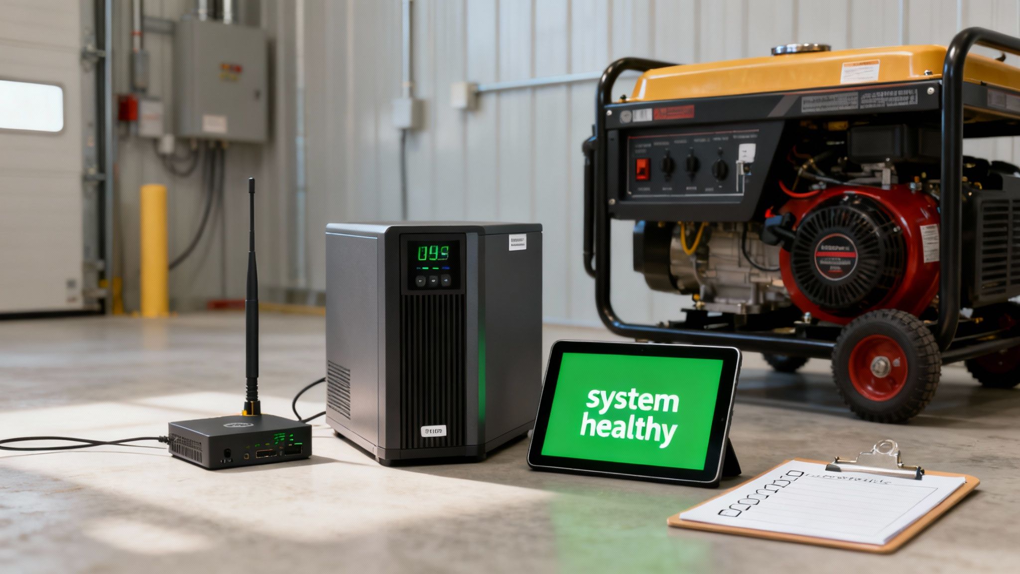 A power generator, UPS, and network device with a tablet showing 'system healthy' in a facility.