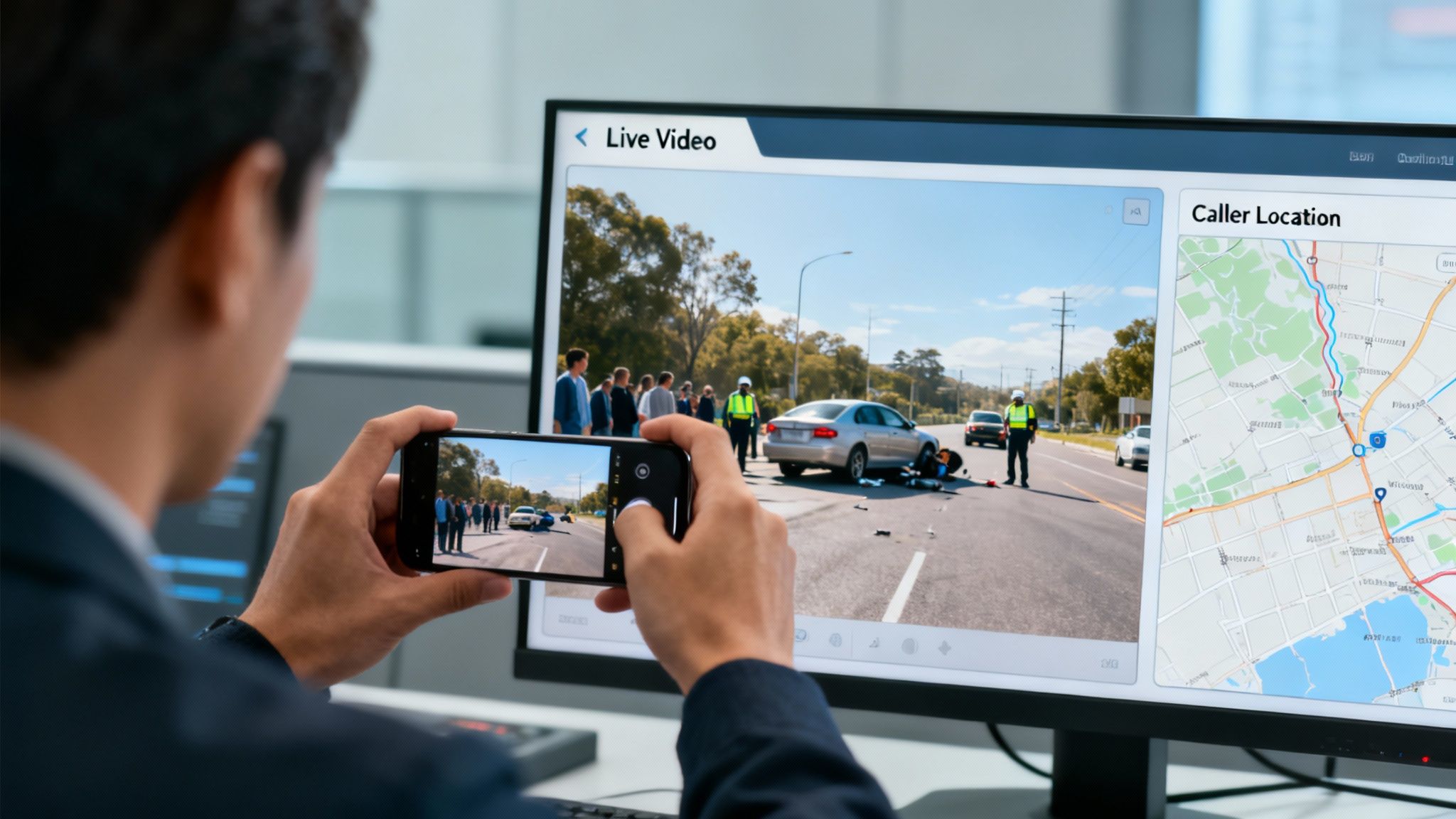 A person records a car accident with a smartphone, mirrored on a computer screen showing live video and caller location.