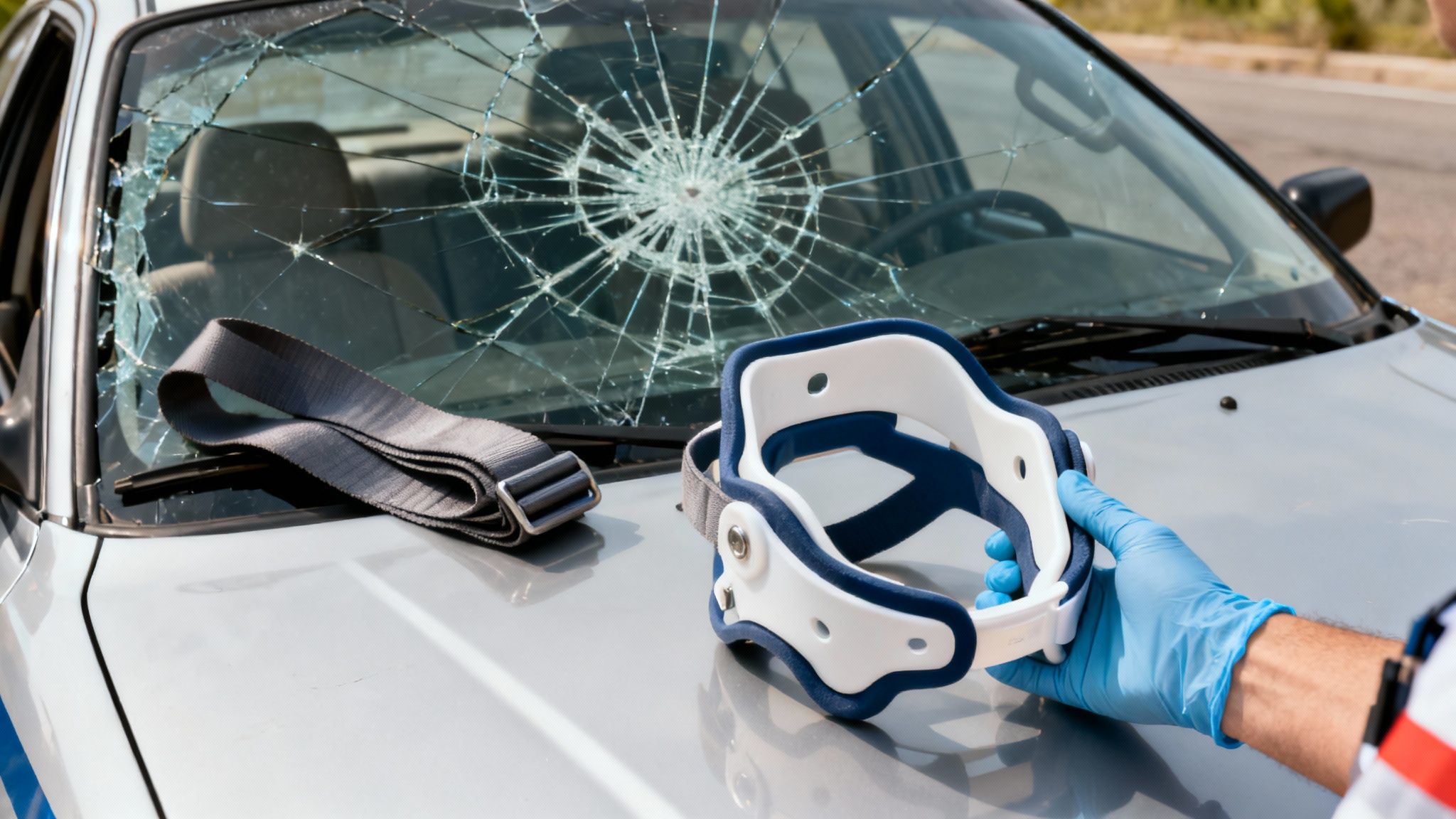 EMT looking over a scene with multiple vehicles, counting patients and assessing resource needs.