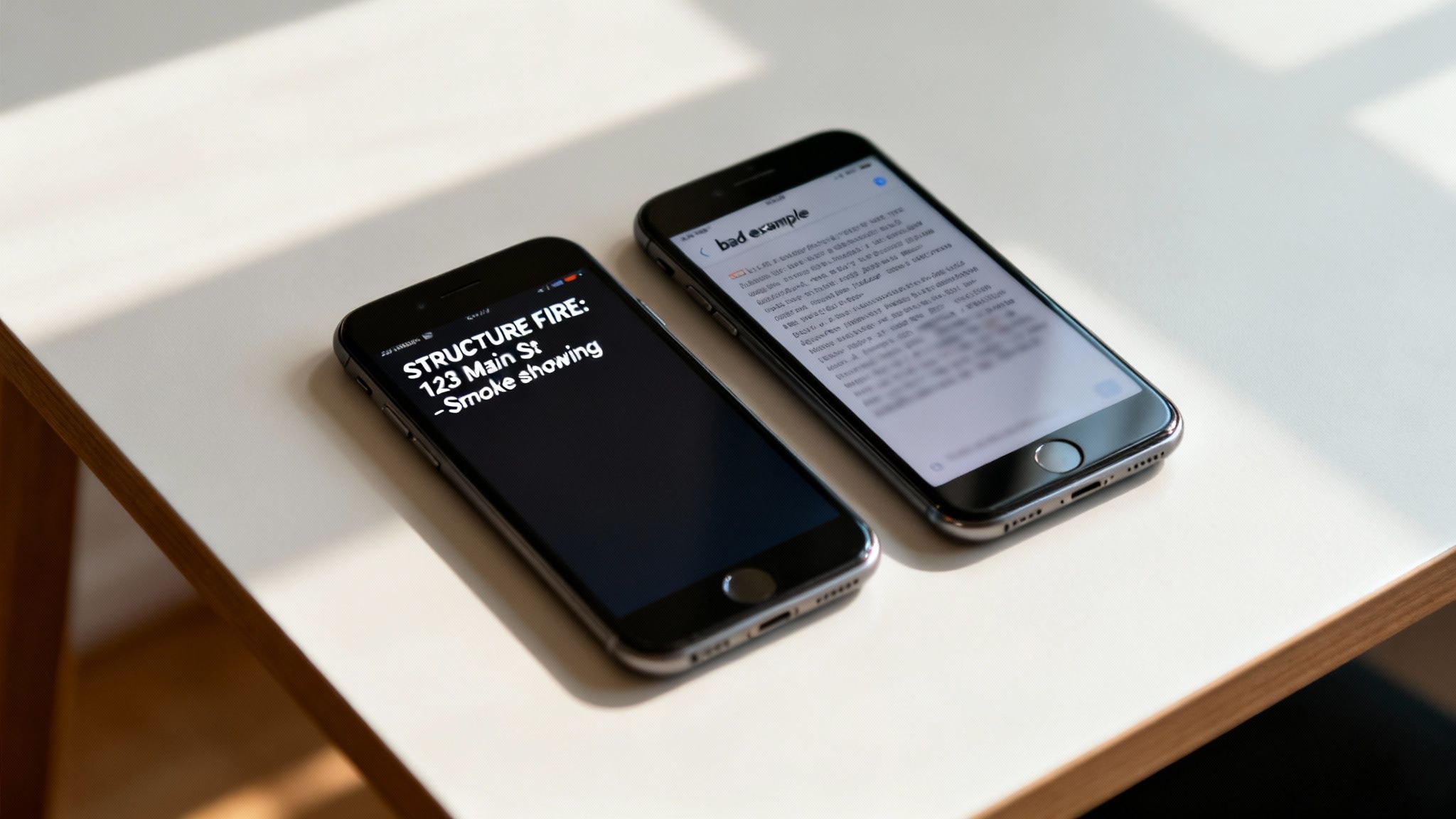 Two smartphones on a white table; one displays a 'structure fire' alert, the other a 'bad example' web page.