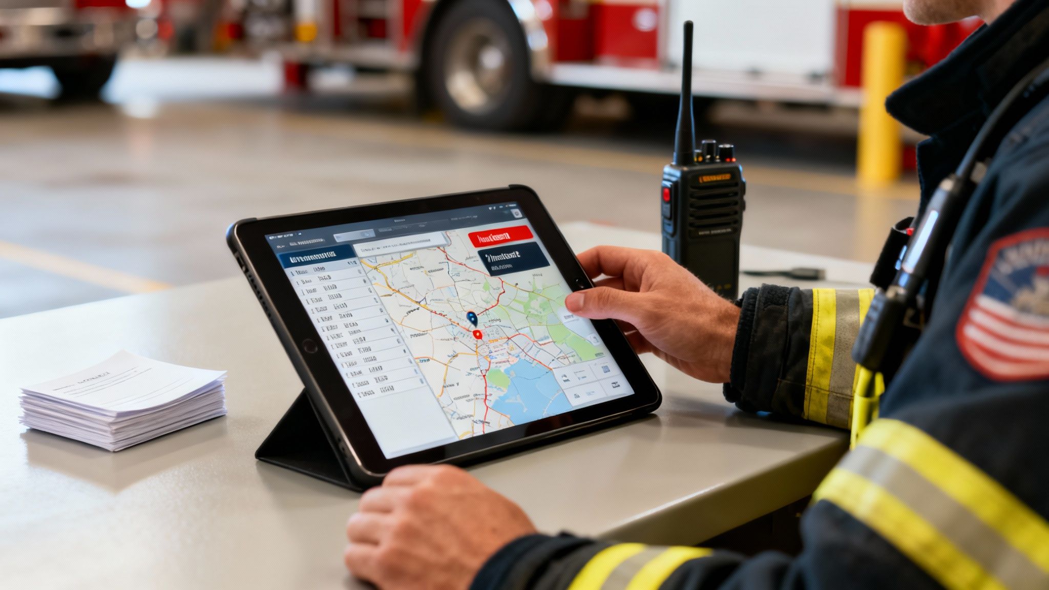 A firefighter uses a tablet with a map and a radio in a fire station.