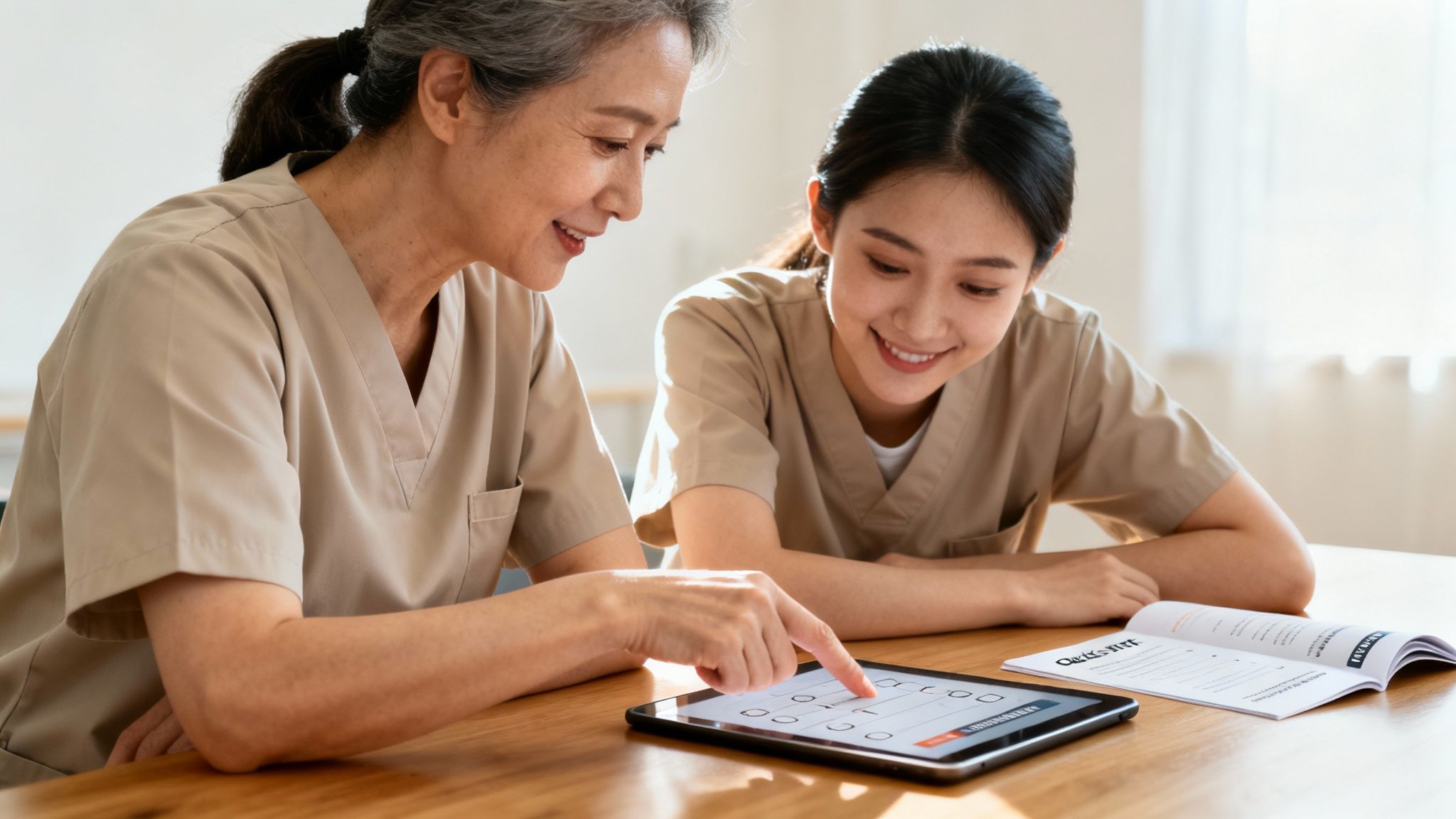 Two smiling women in scrubs collaborating on a digital tablet with a checklist application.