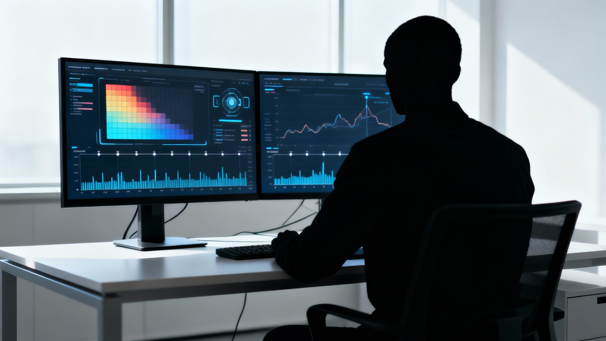 A professional analyzes complex data visualizations on two computer screens in a bright office.