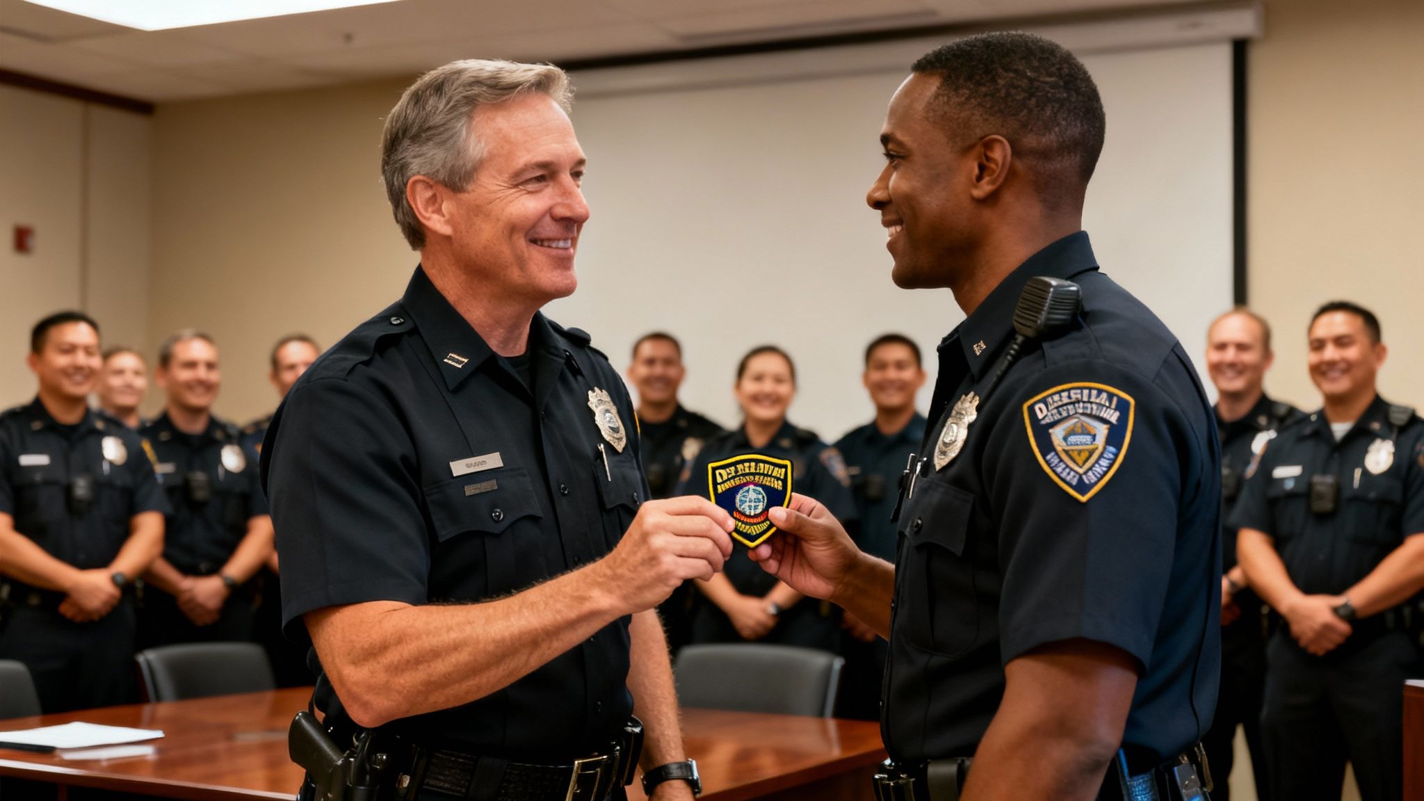 Two smiling police officers exchanging a de-escalation training patch in a classroom setting.