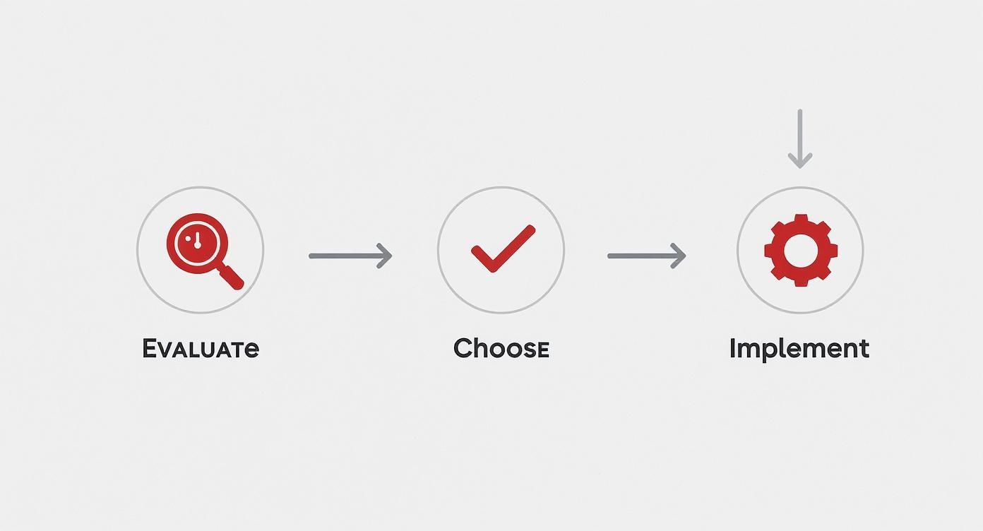 A three-step process diagram with icons: Evaluate (magnifying glass), Choose (checkmark), and Implement (gear).
