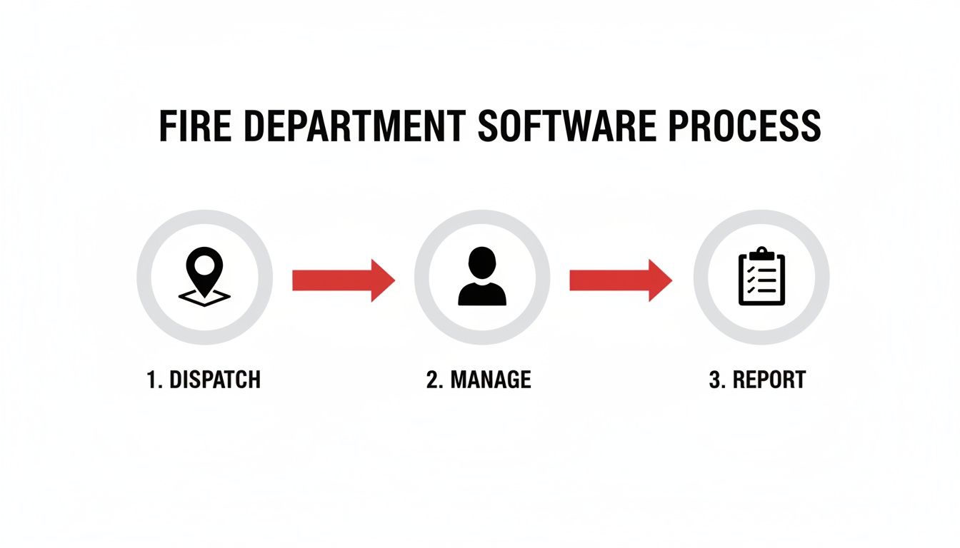 A three-step diagram illustrates the fire department software process: Dispatch, Manage, Report, each with an icon.