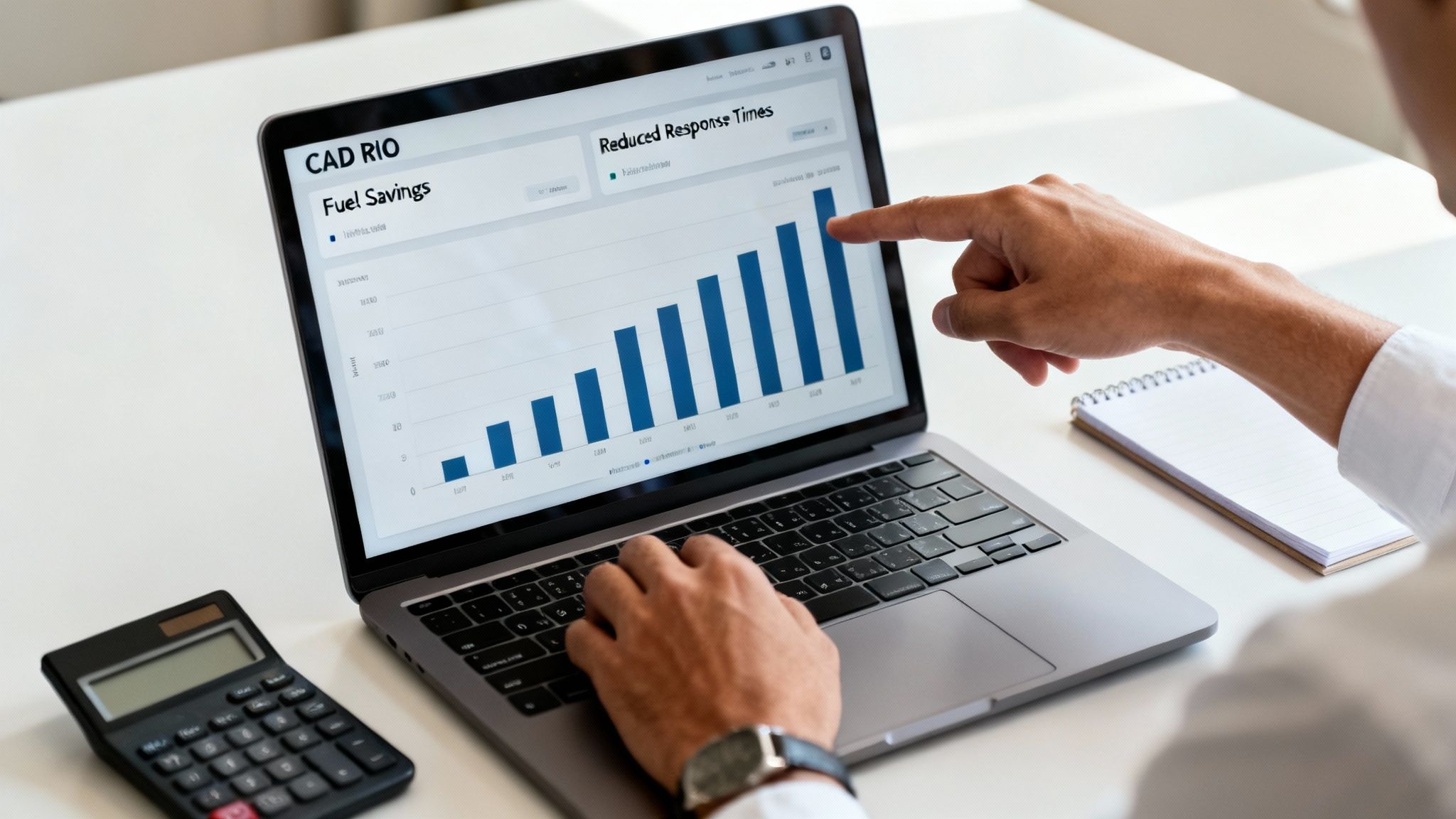 Man pointing at a laptop screen displaying CAD RIO fuel savings and response time charts.