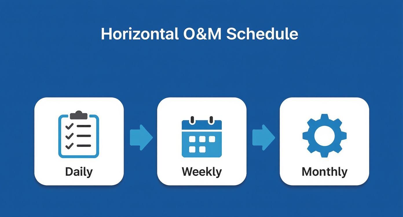 Infographic showing the O&M schedule process flow with icons for daily, weekly, and monthly tasks.