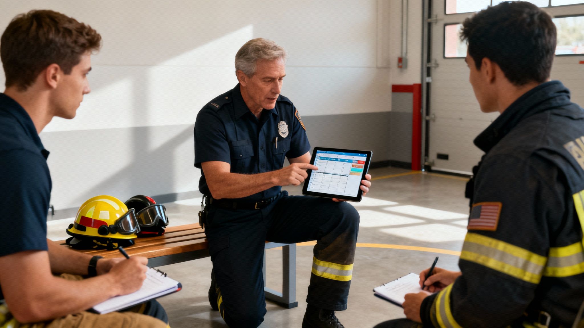 Firefighters looking at a tablet together, planning their next steps.