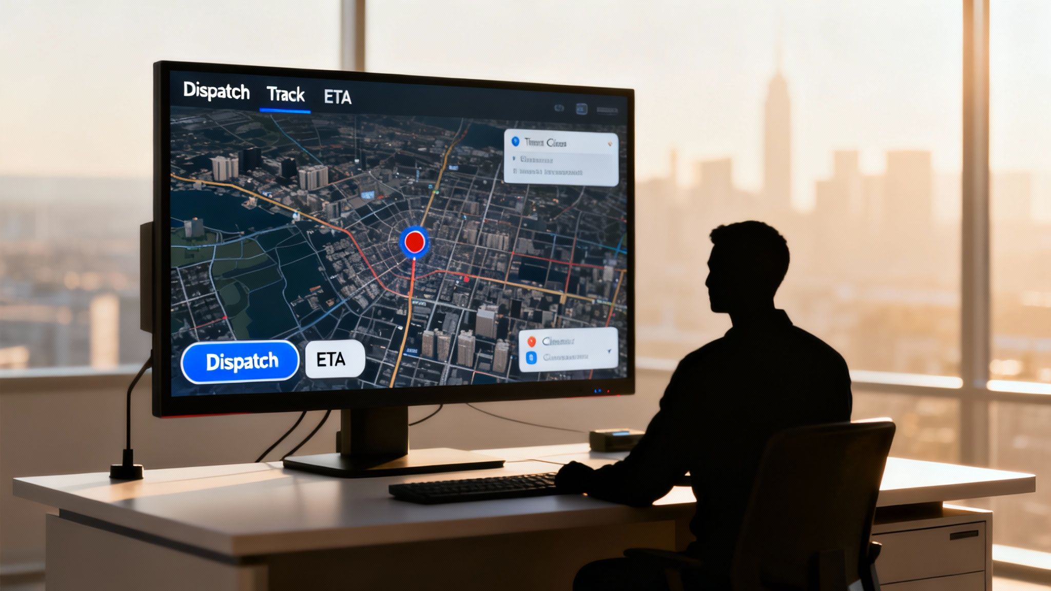 Silhouette of a person using a computer monitor displaying a dispatch and tracking map application.