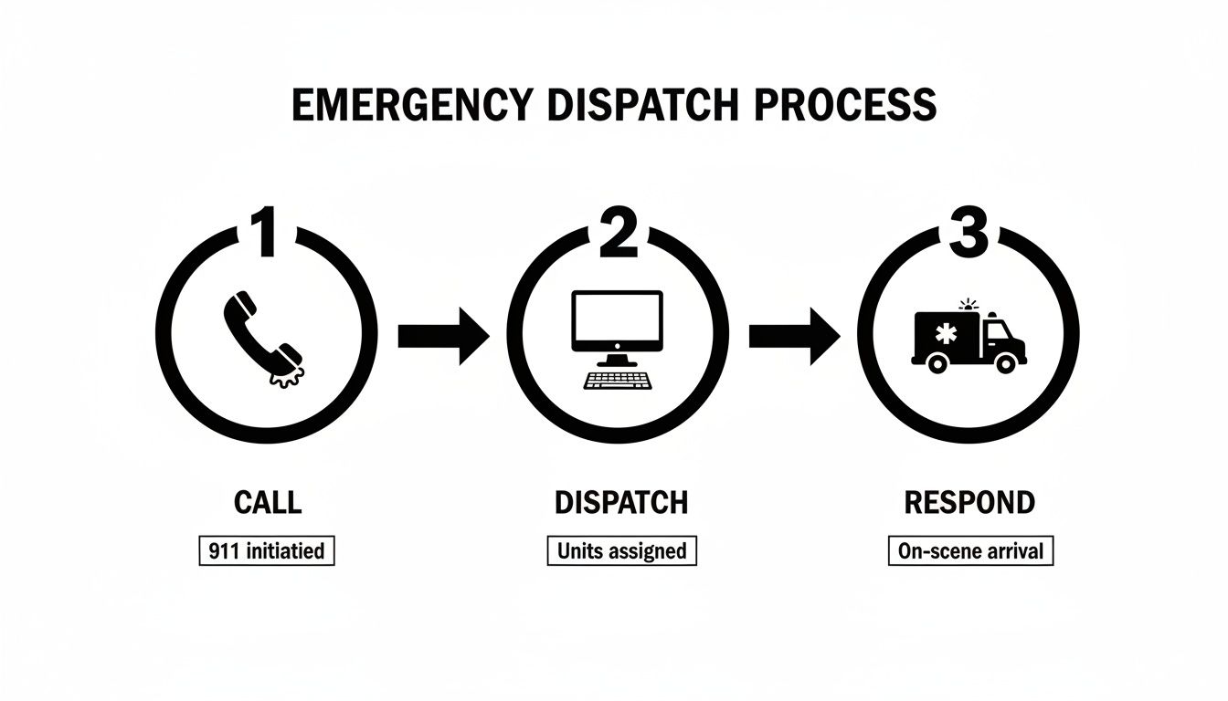 Flowchart illustrating the three-step emergency dispatch process: Call, Dispatch, and Respond.