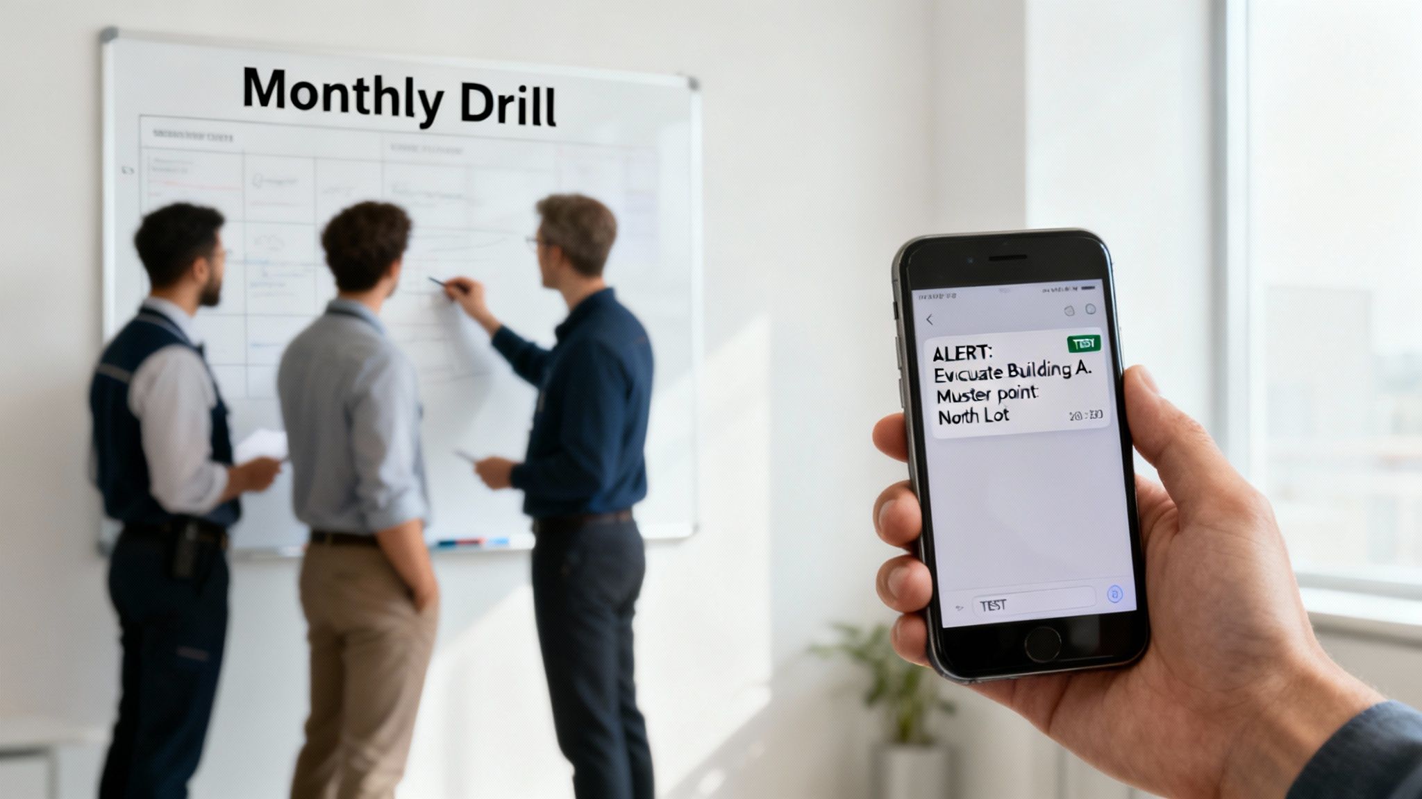 Three men plan a 'Monthly Drill' on a whiteboard, a smartphone displays an 'Evacuate Building A' alert.