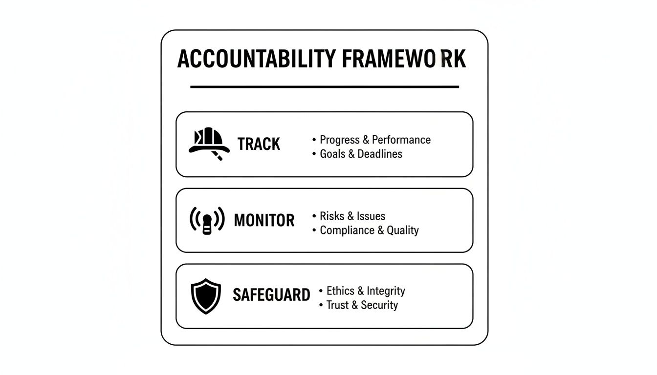An accountability framework detailing how to track progress, monitor risks, and safeguard ethics and security.