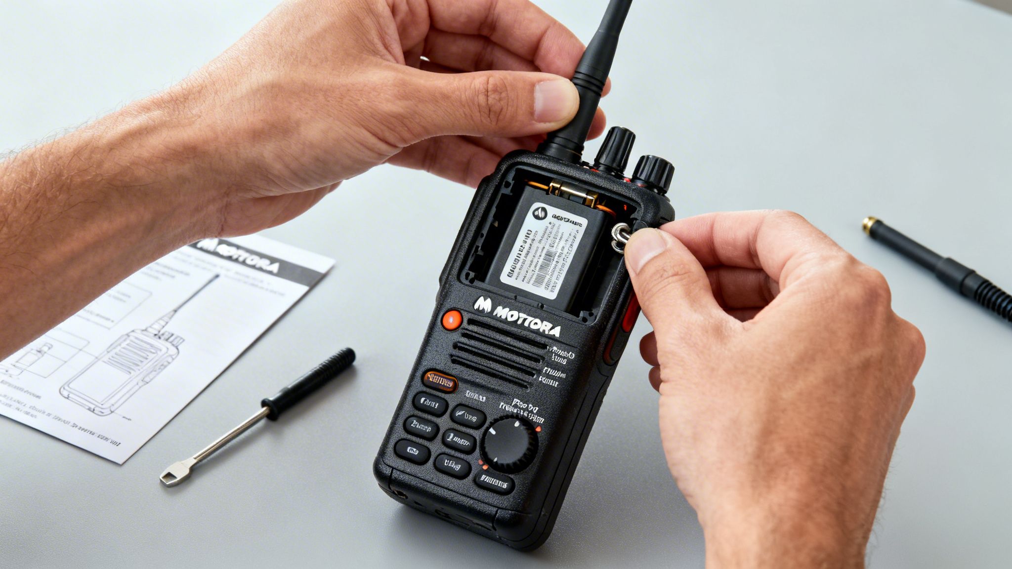 Close-up of hands installing a battery into a black Motorola walkie-talkie, with instructions and a tool.