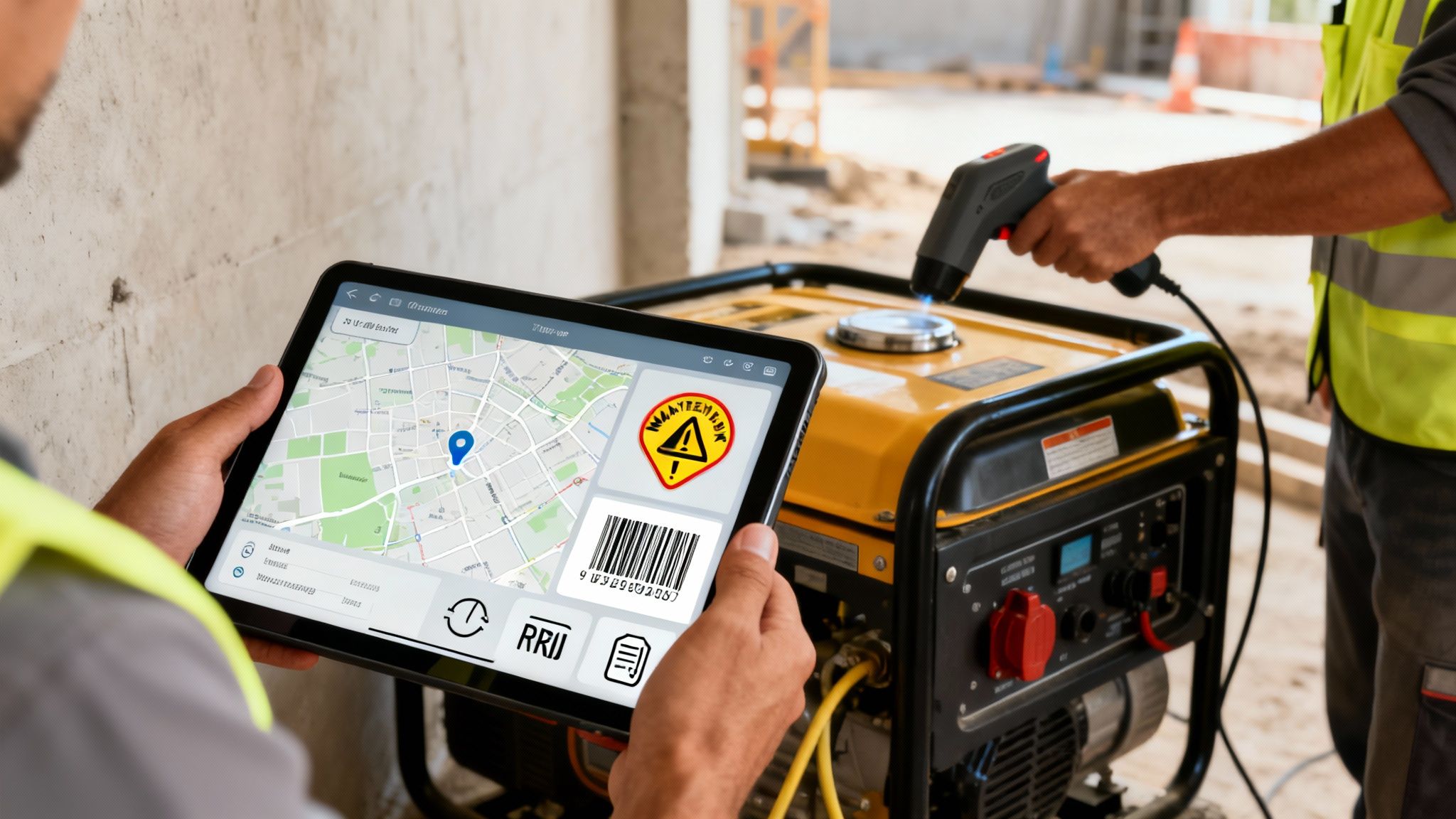 Construction worker using a tablet to scan a portable generator at a job site.
