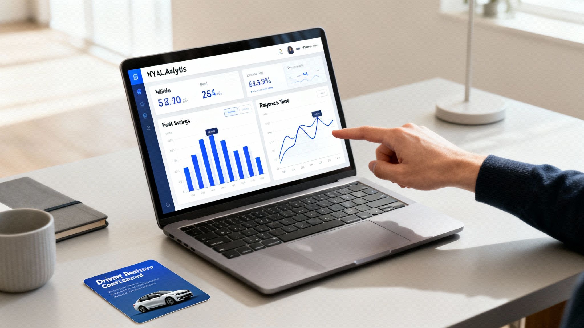 Close-up of a hand interacting with a laptop displaying business analytics dashboards with fuel savings and response time charts.