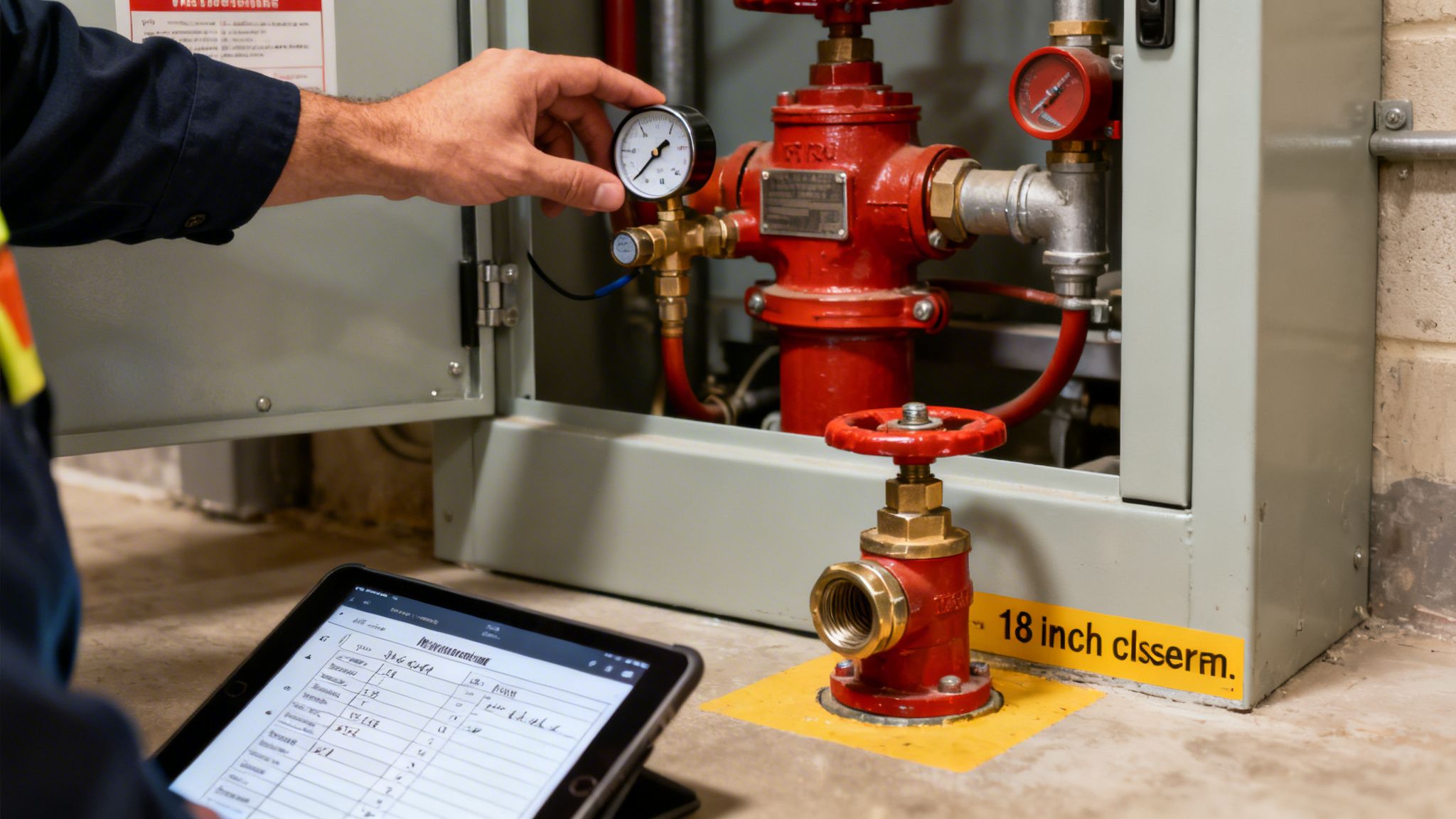 Technician checking fire system pressure and recording data on a tablet device.