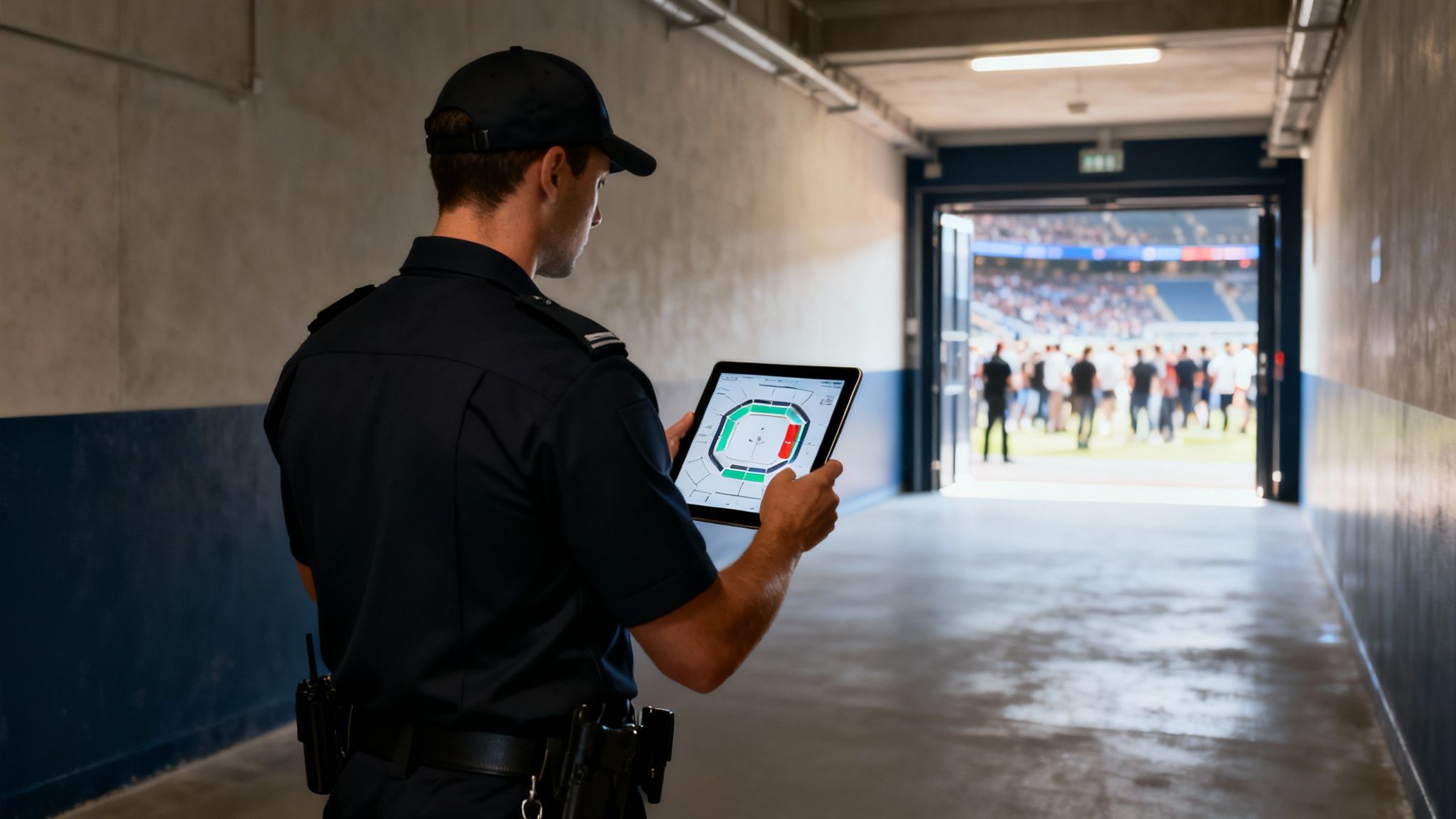 A security guard views a stadium map on a tablet in a tunnel leading to a bustling football field.