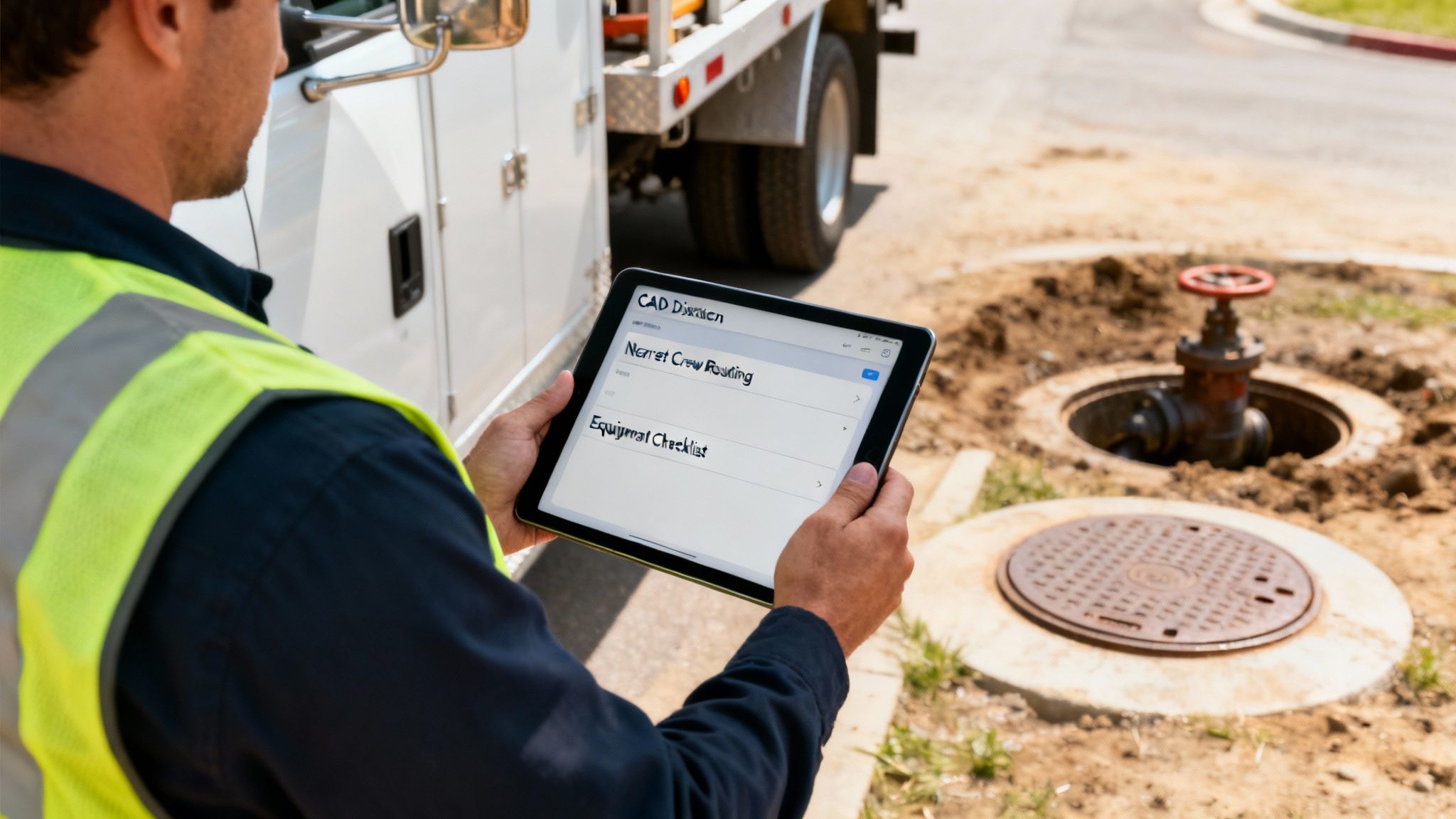 Worker in safety vest using a tablet for CAD dispatch at a utility job site.