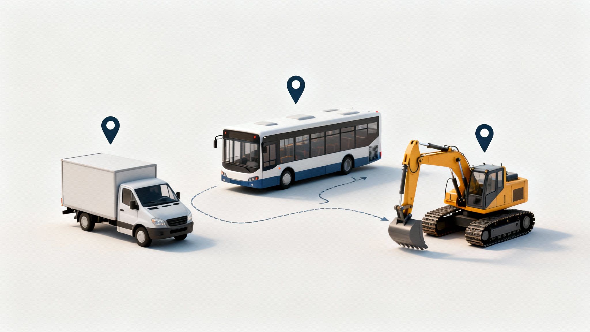 A delivery truck, bus, and excavator with location pins and a dotted route, illustrating vehicle tracking and logistics.