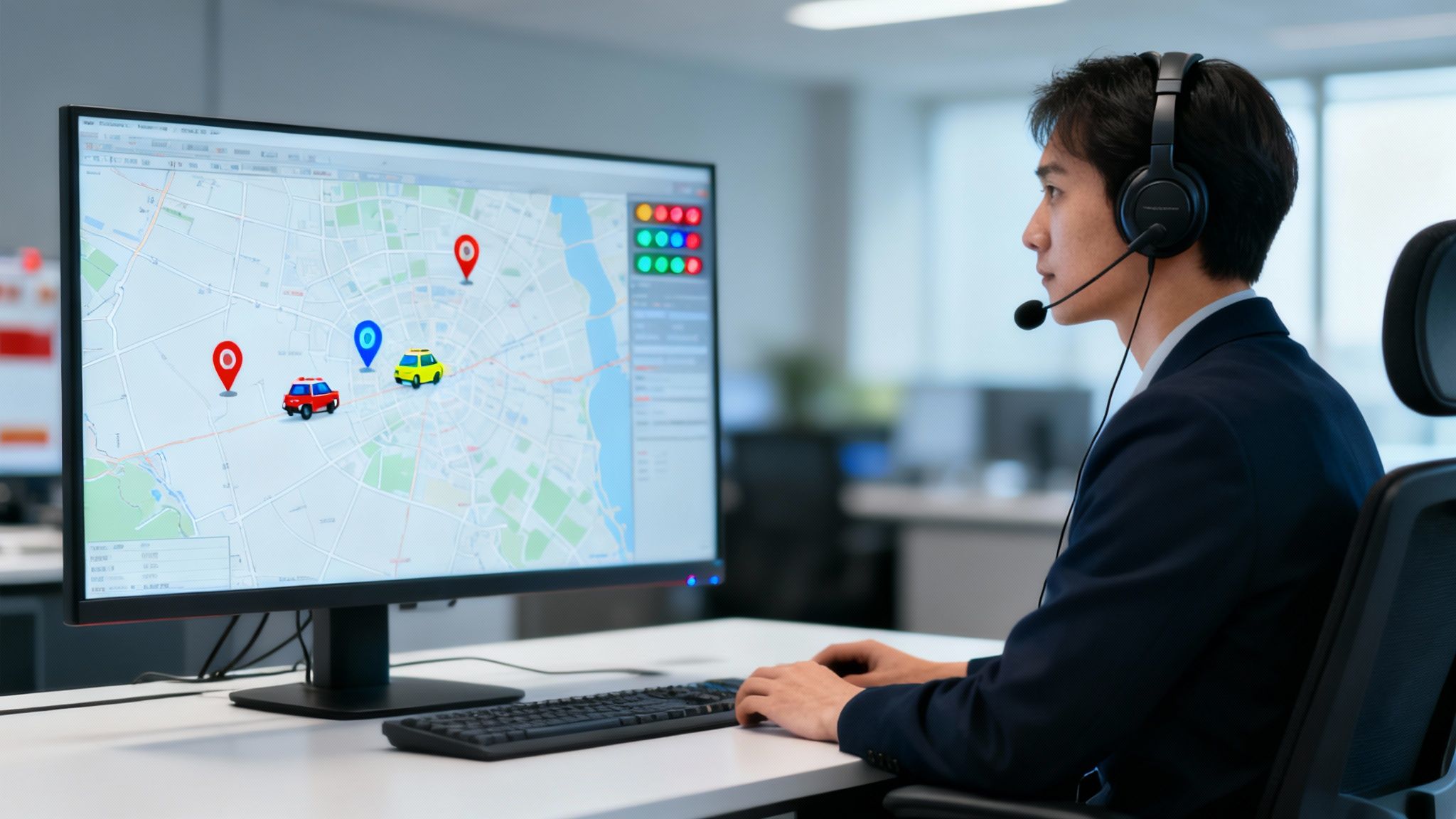 A man in a headset monitors a map on a computer screen showing vehicle tracking.