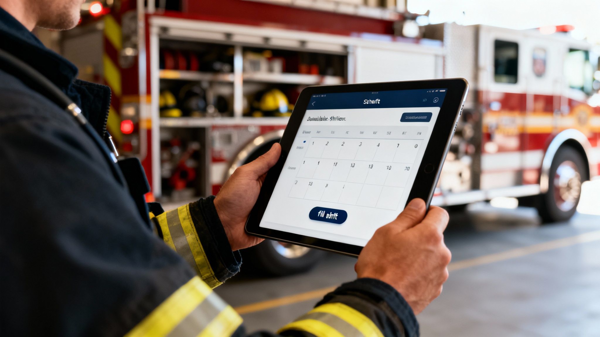 A firefighter in uniform holds a tablet displaying a scheduling application inside a fire station.
