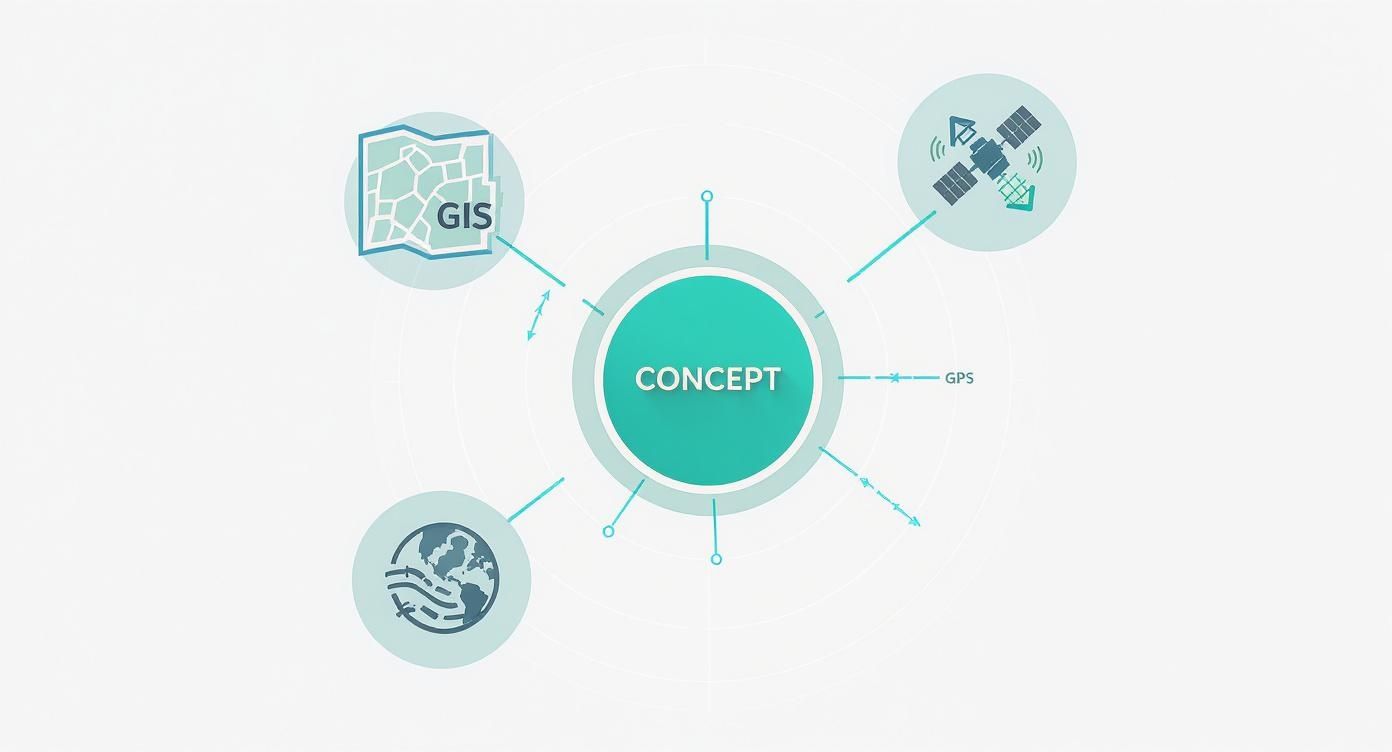 Diagram illustrating a central concept connected to GIS, GPS, and global geographical data.