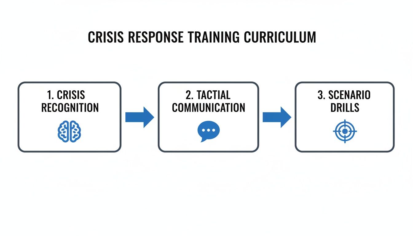 Flowchart illustrating a crisis response training curriculum with three steps: recognition, tactial communication, and scenario drills.