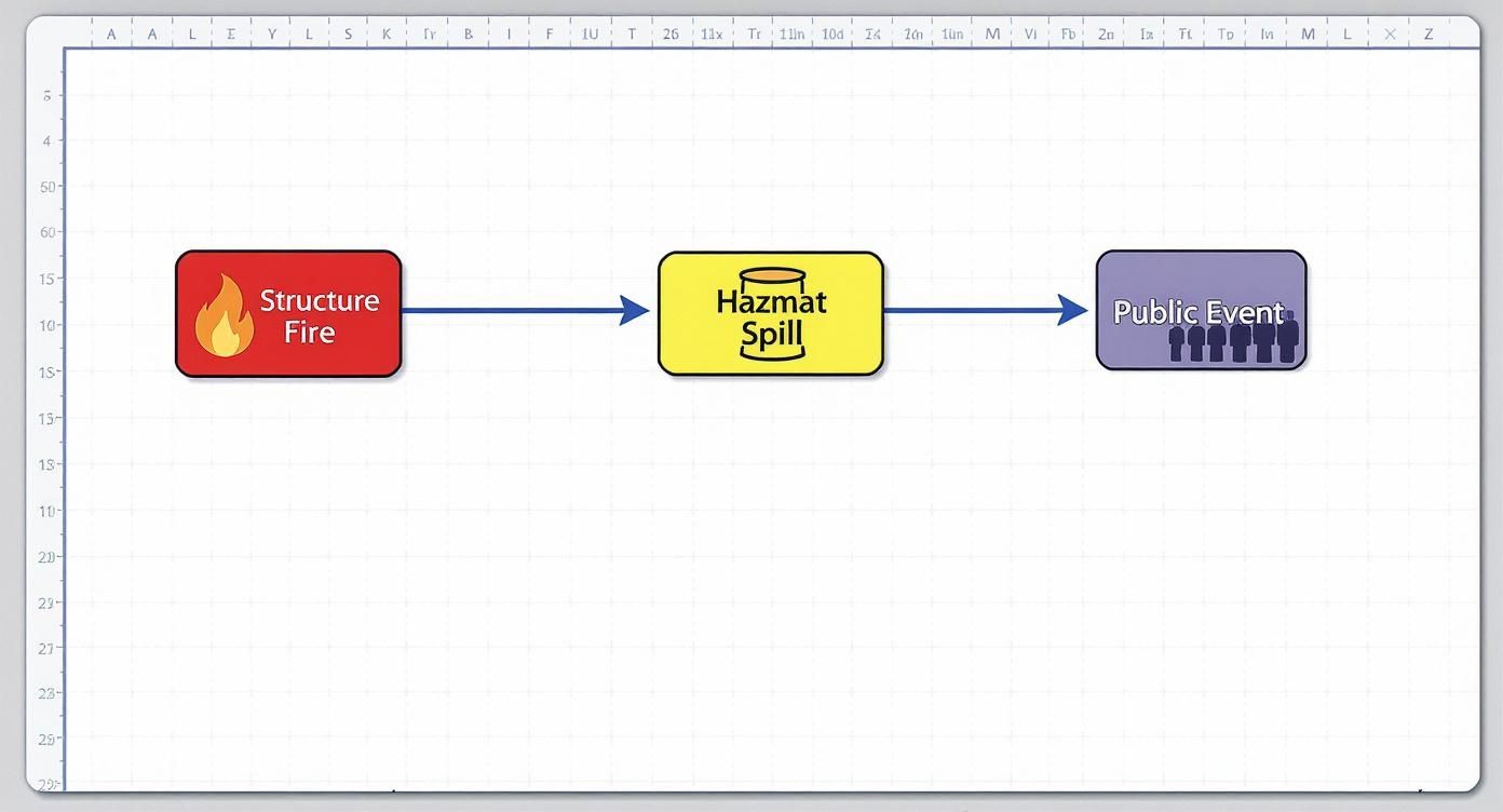 A flowchart depicting a sequence of events: structure fire, leading to a hazmat spill, and then a public event.