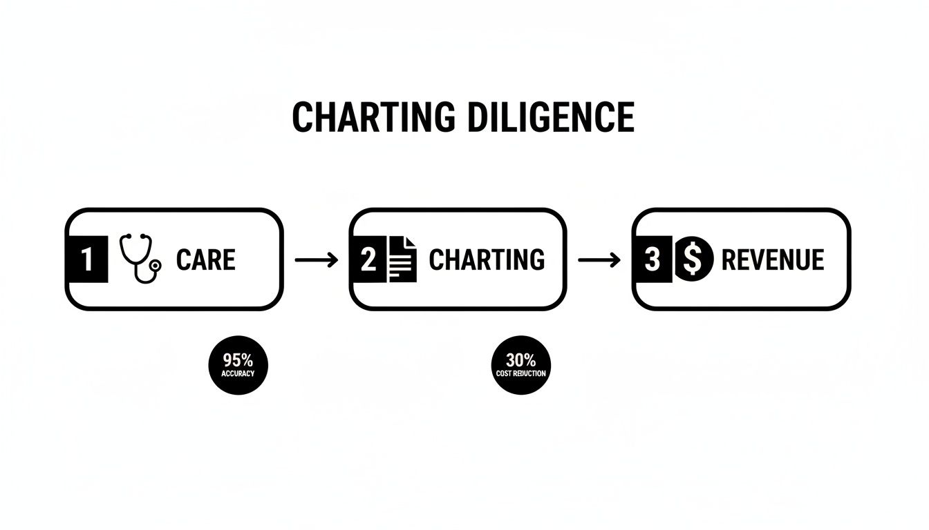 A diagram illustrates 'Charting Diligence' workflow: Care (95% accuracy) to Charting (30% cost reduction) to Revenue.