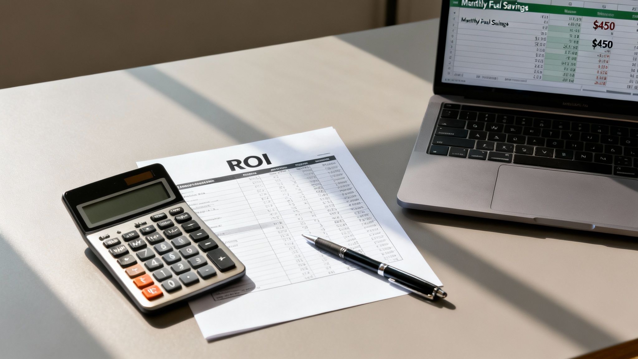 A laptop displaying financial savings, a calculator, an ROI document, and a pen on a desk.