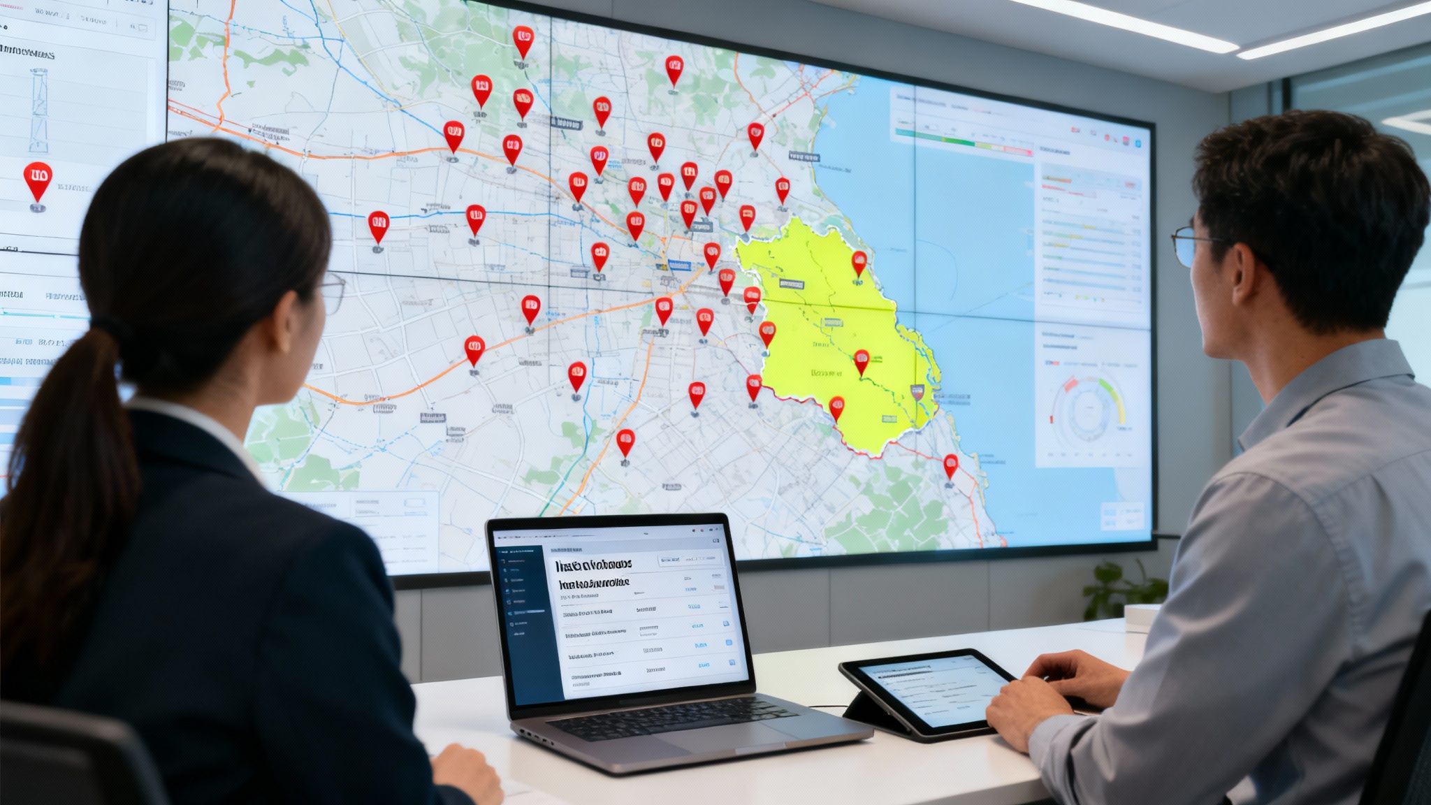 Two professionals monitor a large wall display showing a map with numerous red location pins and data.