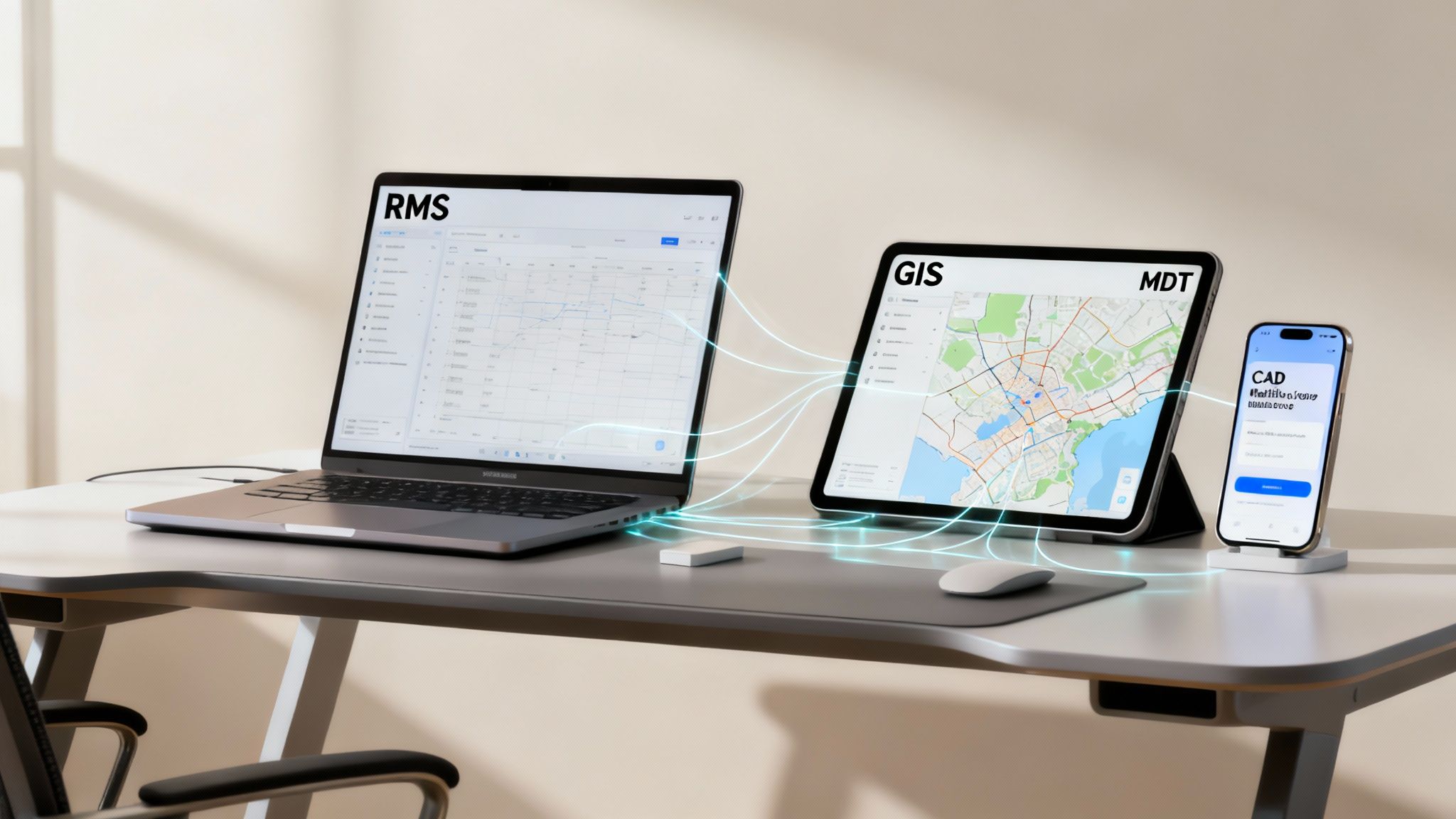 Three digital devices (laptop, tablet, phone) on a desk, connected by glowing lines, displaying public safety software.