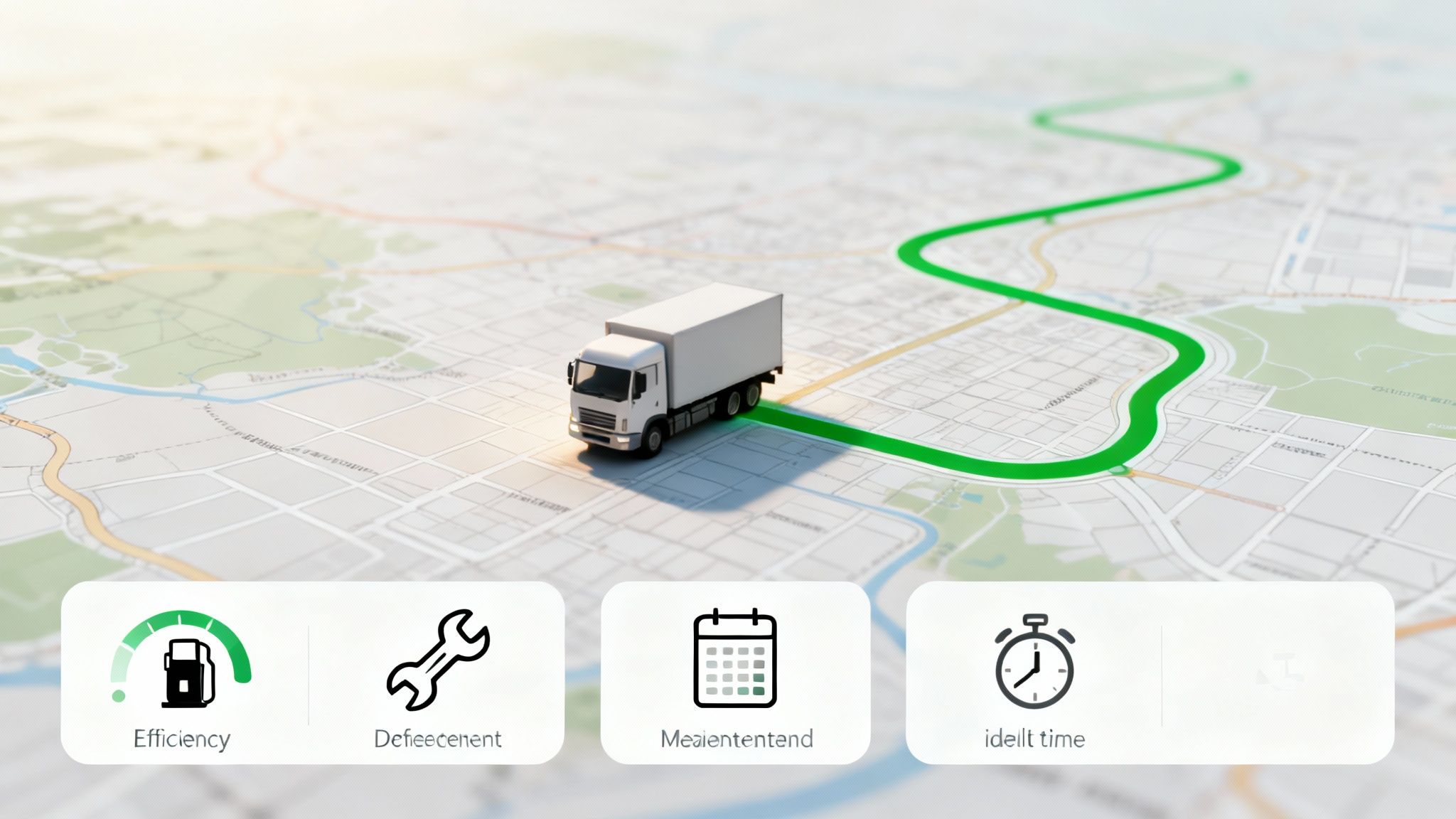 Delivery truck on digital map with GPS route showing fleet management optimization features
