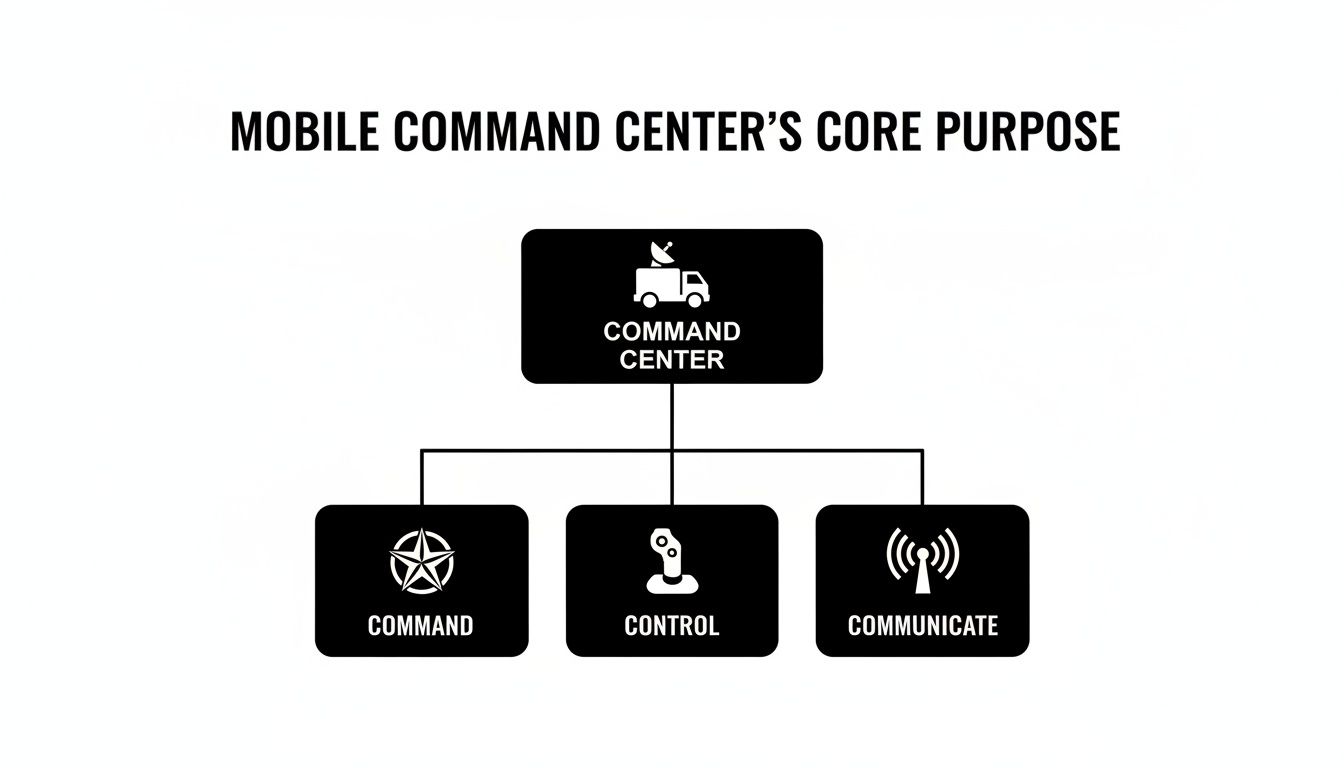 Diagram illustrating the core purposes of a mobile command center: command, control, and communicate.