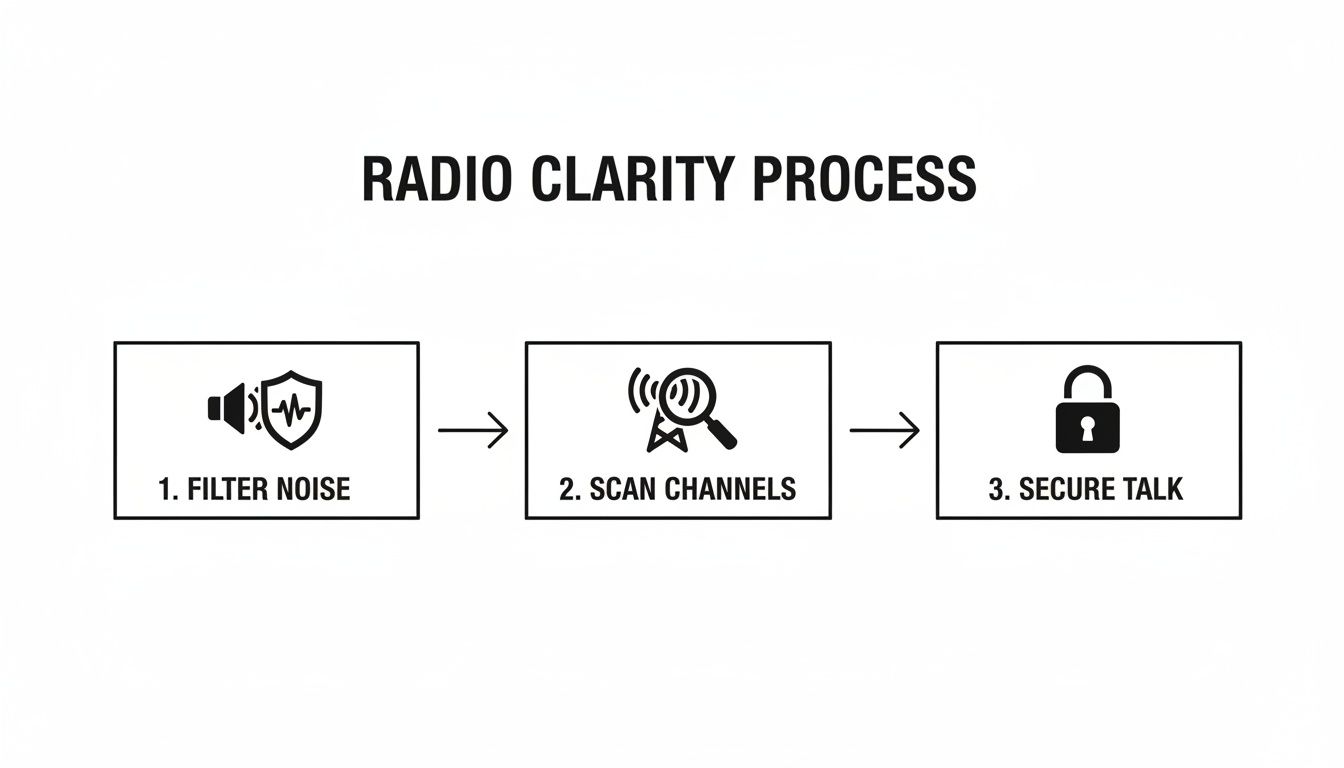 Flowchart illustrating the radio clarity process: 1. Filter Noise, 2. Scan Channels, 3. Secure Talk.