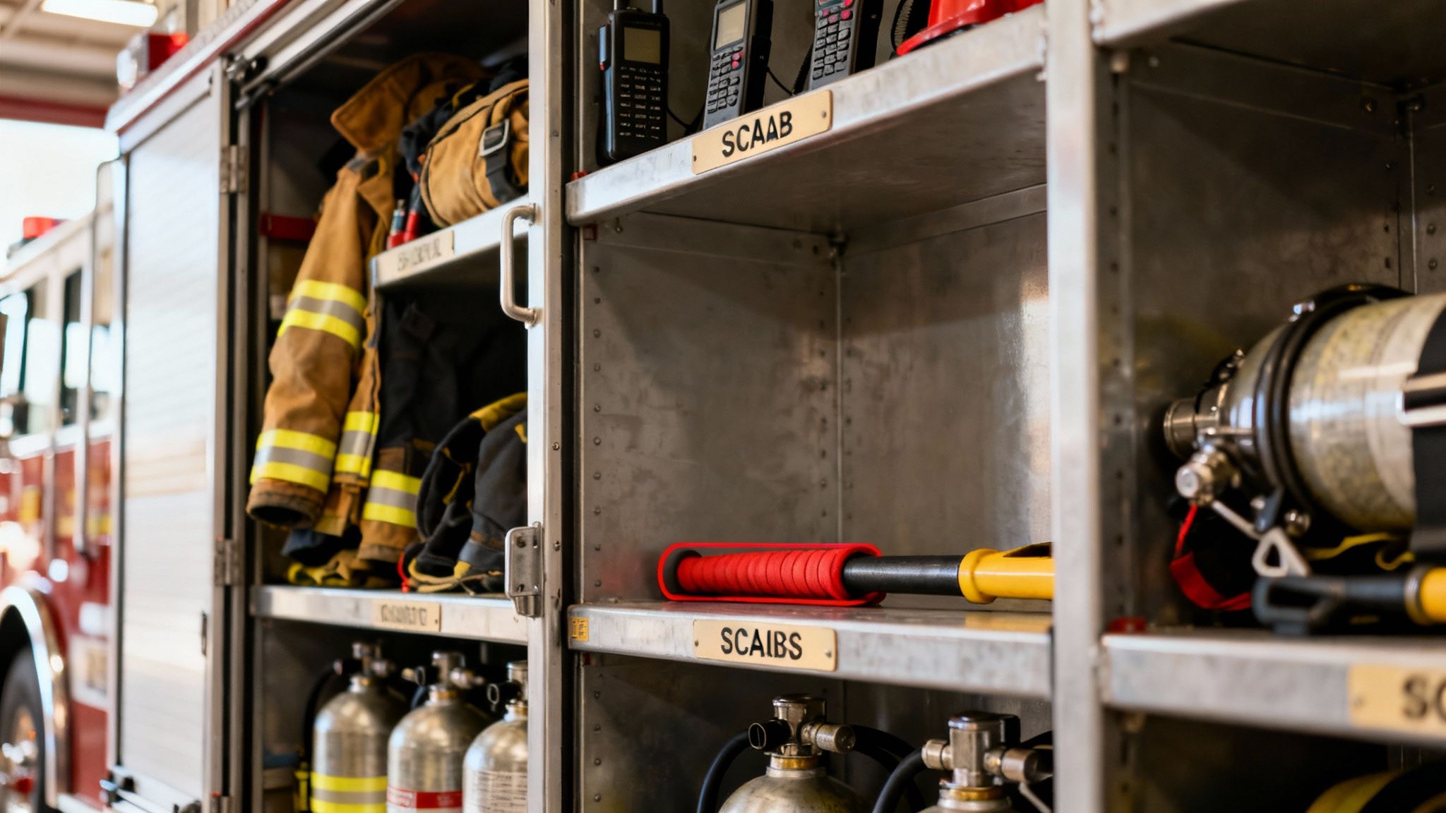 Organized equipment inside a fire truck or fire station locker, featuring firefighter gear, radios, and SCBA tanks.