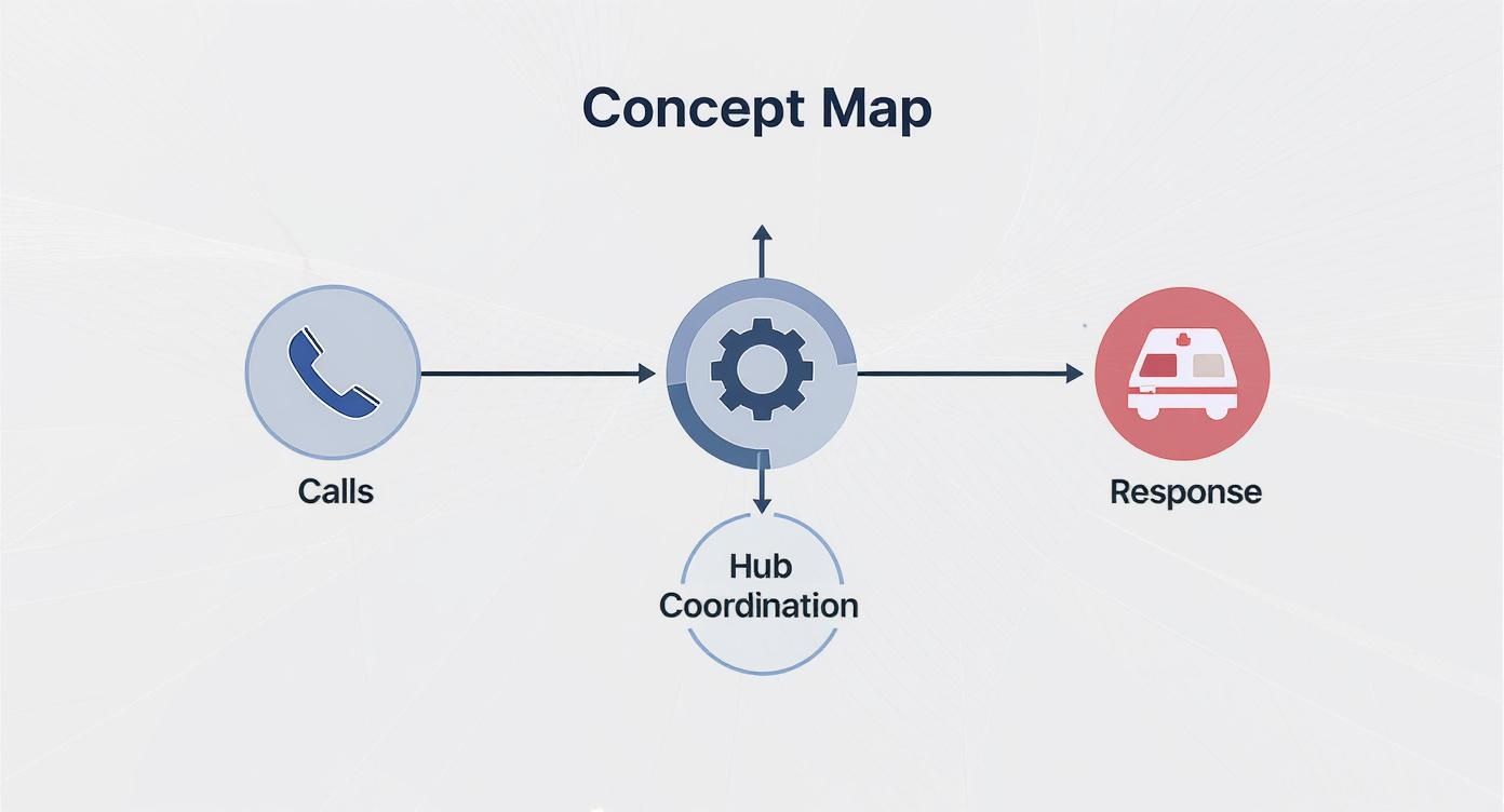 Concept map illustrating the flow from emergency calls to response via hub coordination.