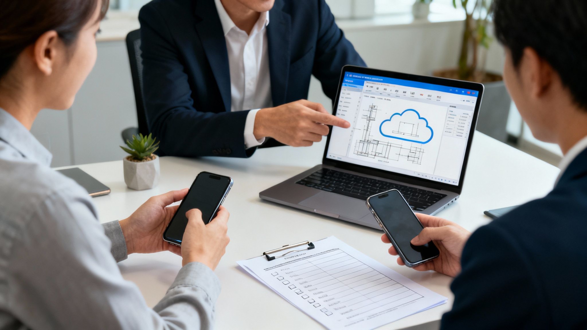 Three professionals collaborate at a desk, reviewing cloud computing architectural plans on a laptop while using smartphones.