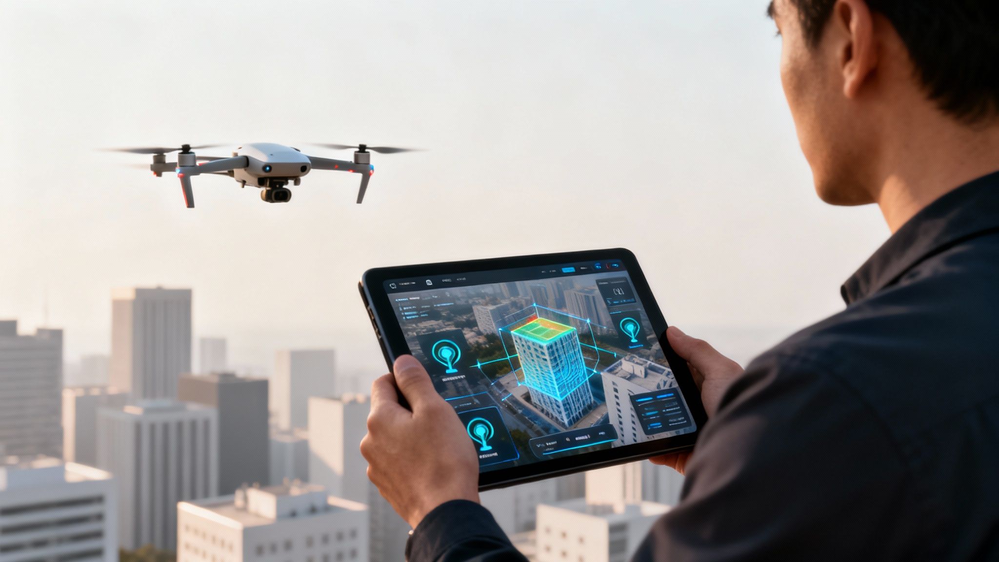 A person uses a tablet to control a drone surveying a city building, displaying a 3D model with data.