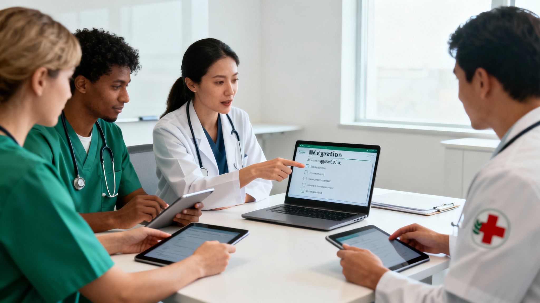 Diverse medical team discussing data on a laptop and tablets in a bright meeting room.
