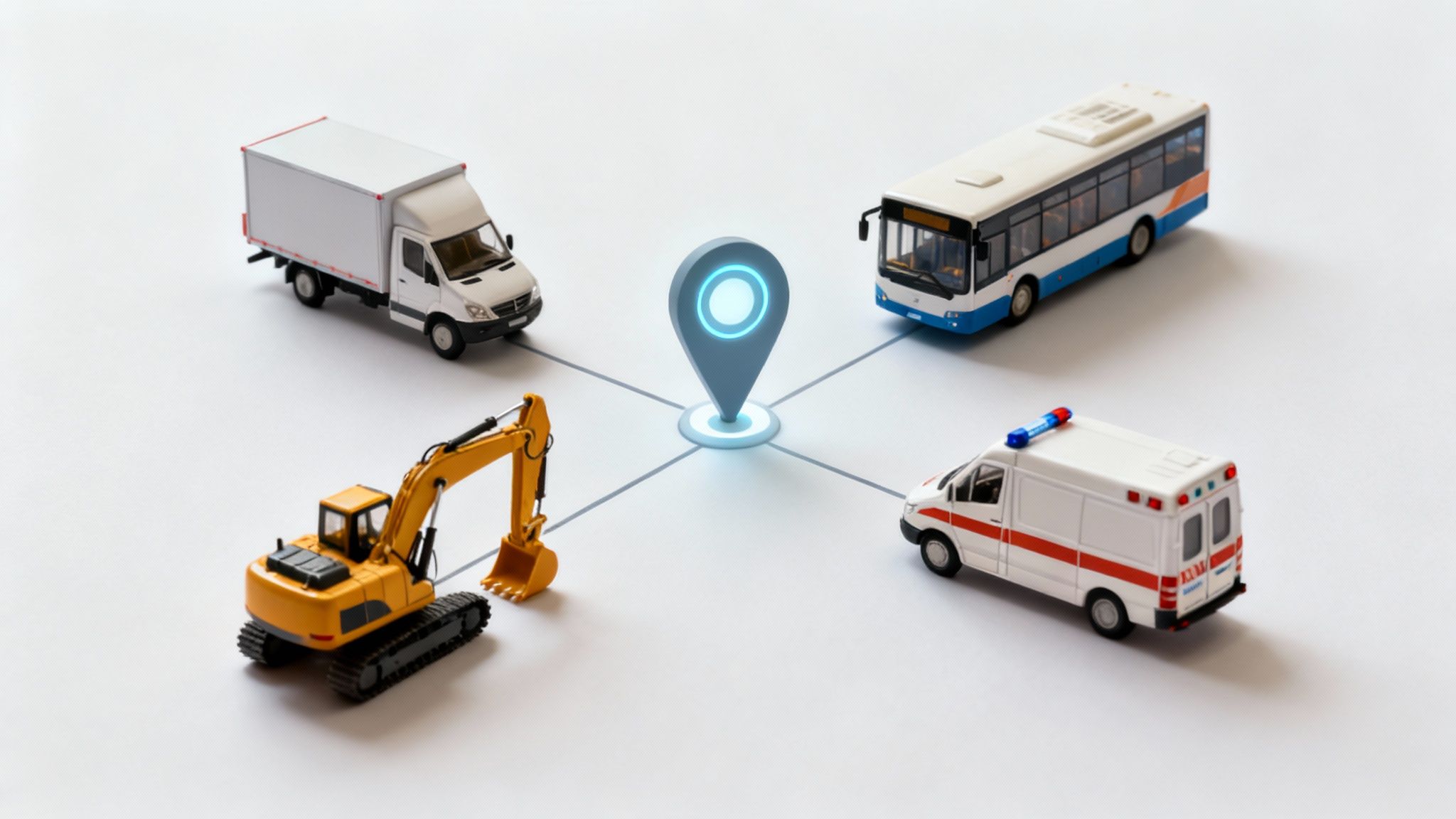 GPS location pin connecting to delivery truck, bus, excavator, and ambulance via tracking lines